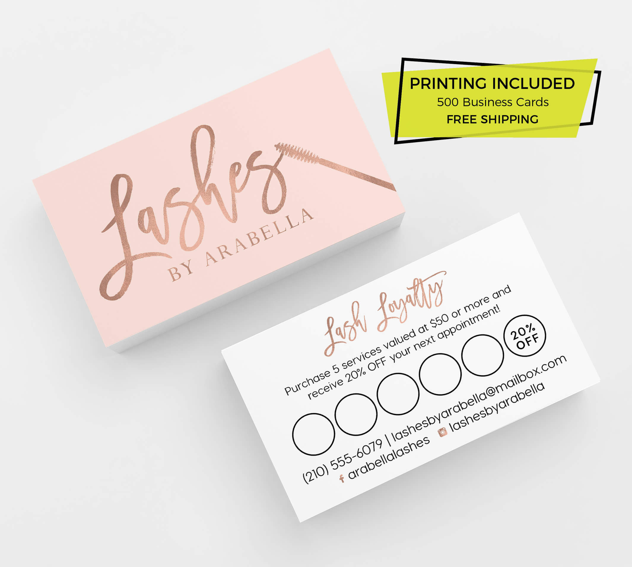 Rose Gold Pink Lash Loyalty Card Design 500 Printed Business Cards  Personalized Calling Card Template Custom Lashes Card Marketing Branding In Loyalty Card Design Template