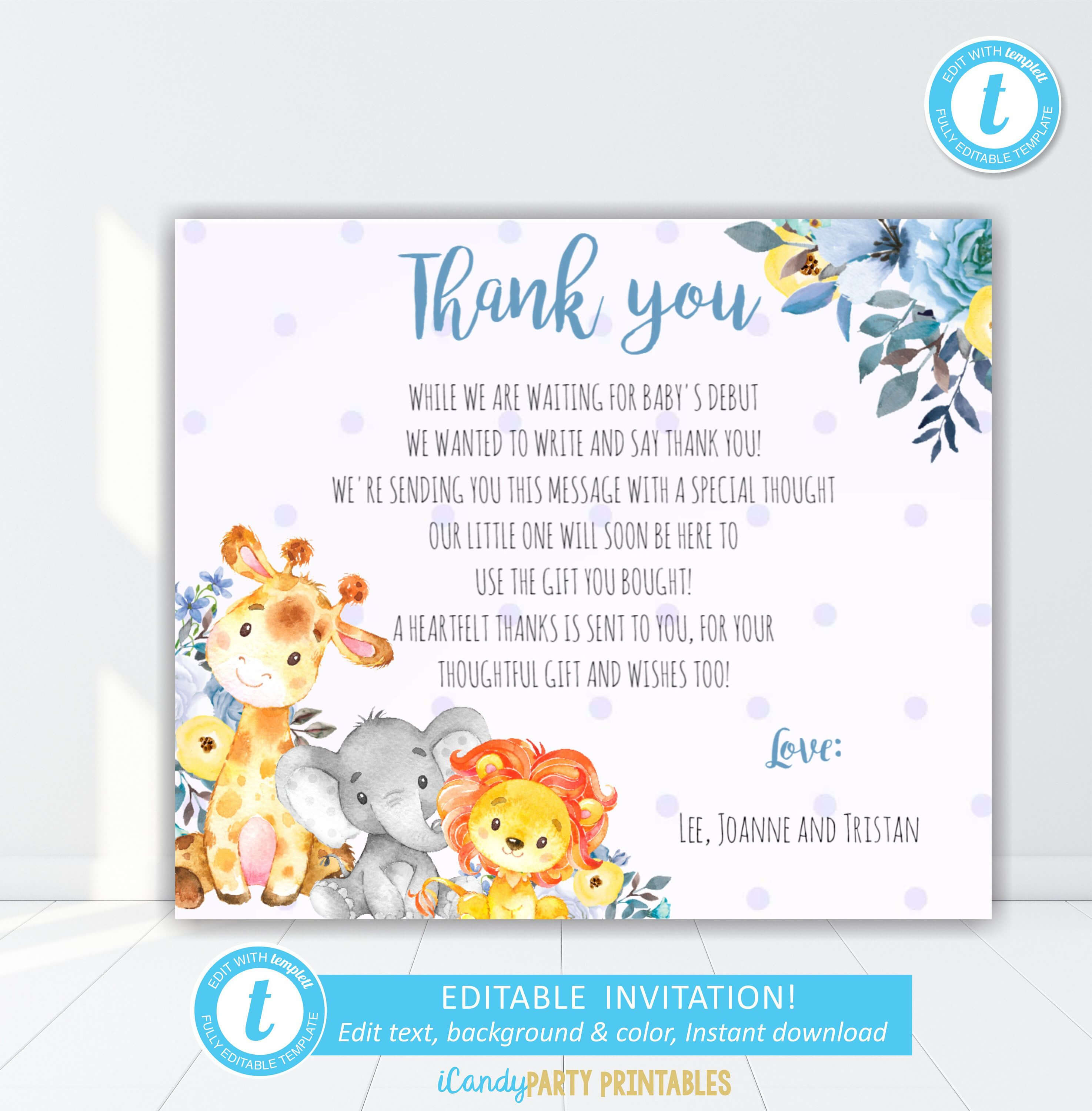 Safari Animal Boy Baby Shower Thank You Card, Thank You With Template For Baby Shower Thank You Cards