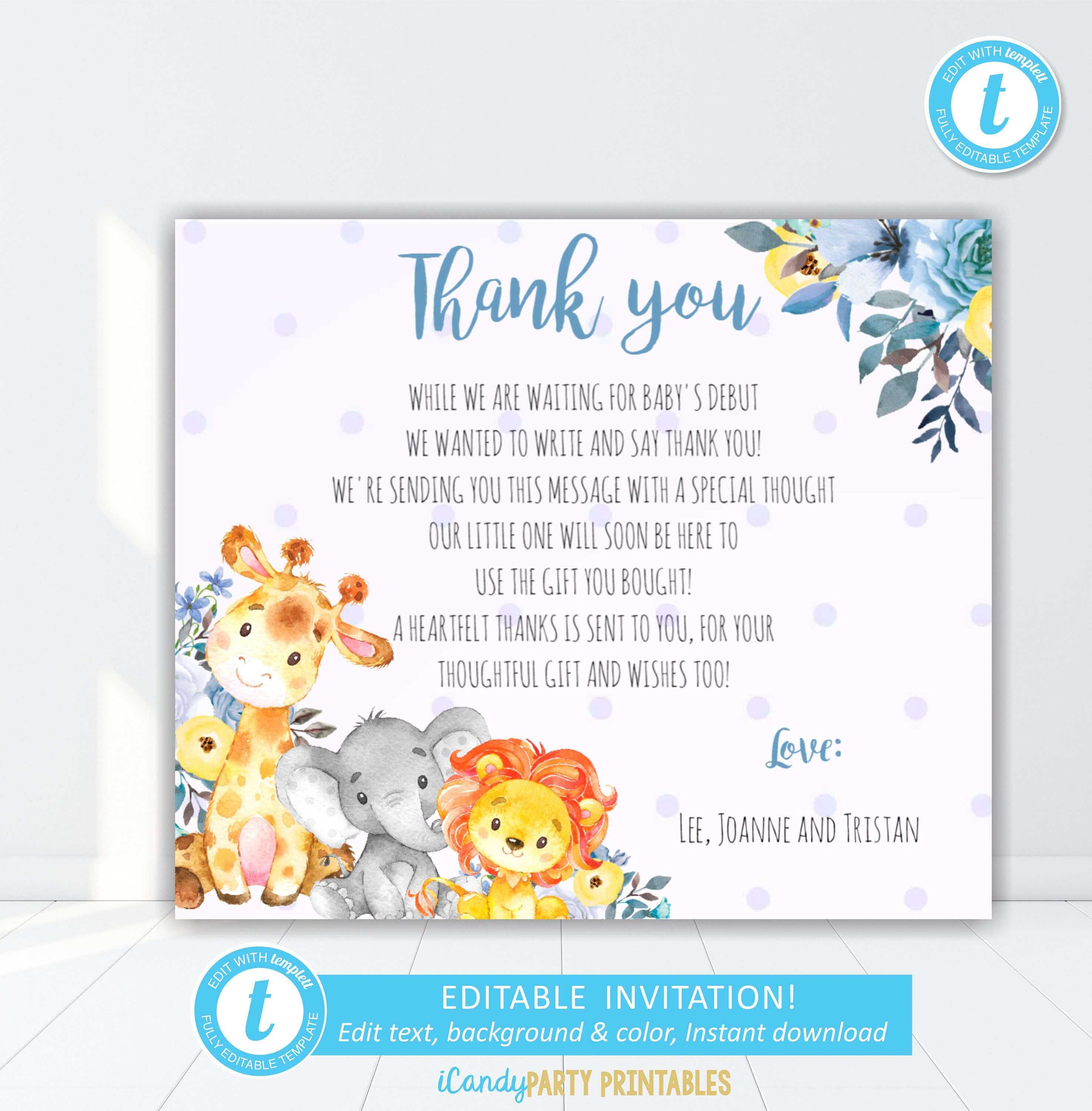 Safari Animal Boy Baby Shower Thank You Card, Thank You with Template For Baby Shower Thank You Cards