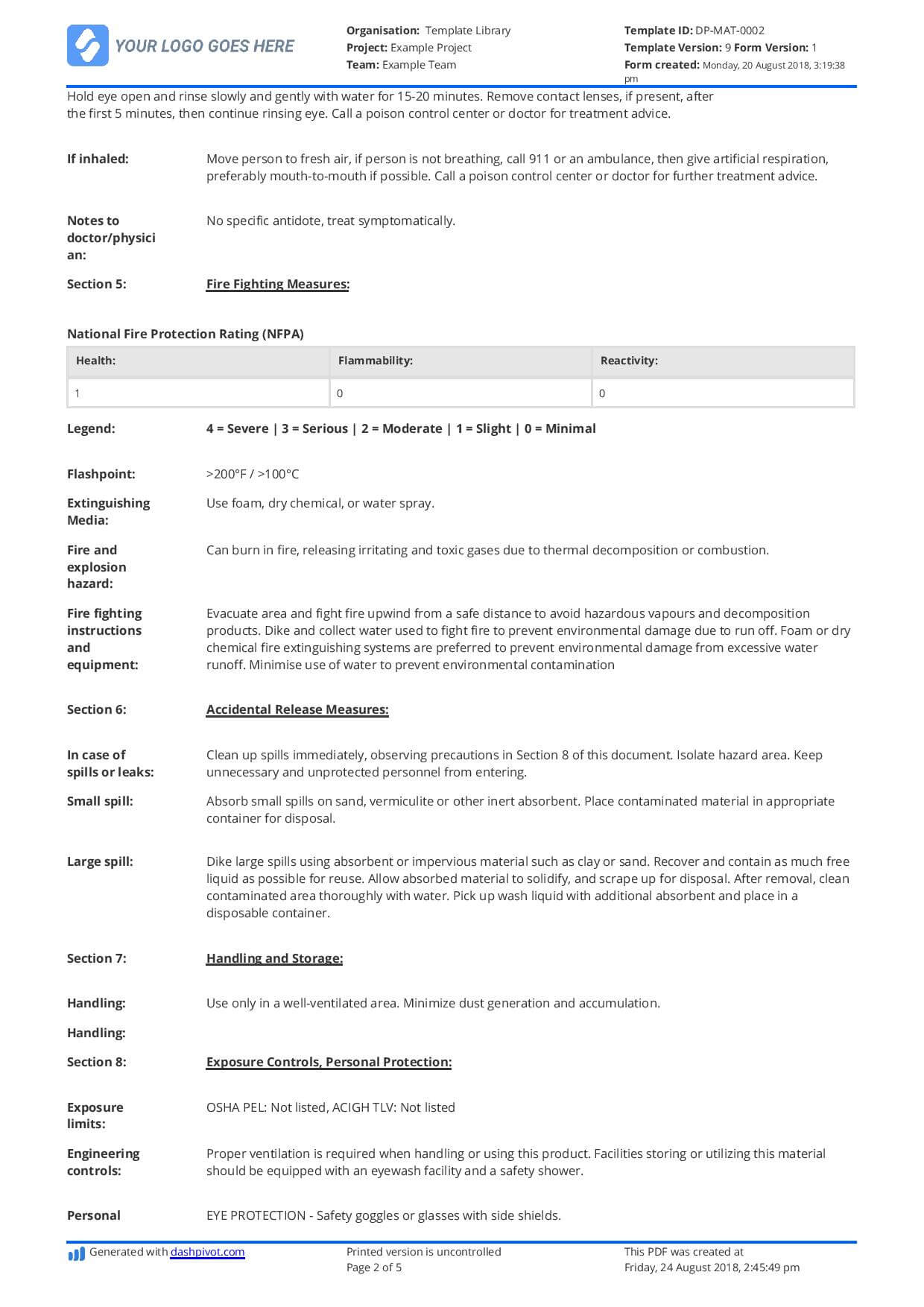 Safety Data Sheet Template Sample Pdf Material Doc Document With Datasheet Template Word