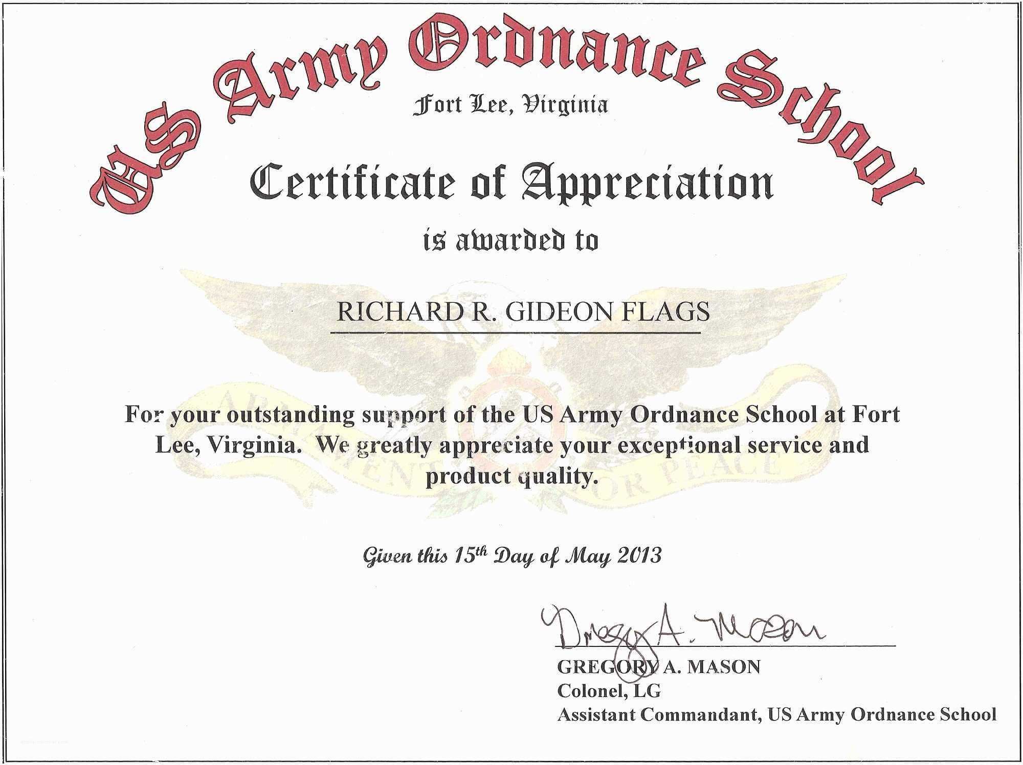 Sample Certificate Of Appreciation For Resource Speaker Intended For Army Certificate Of Appreciation Template