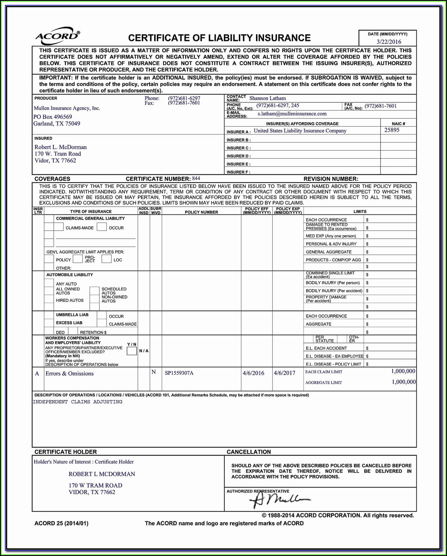 Sample Certificate Of Insurance Acord Form – Form : Resume In Acord Insurance Certificate Template