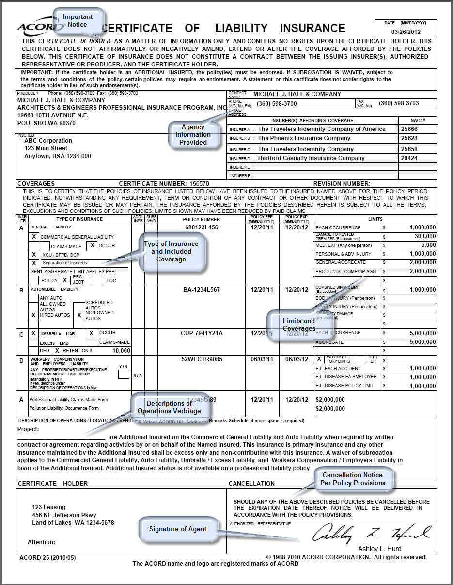 Sample Insurance Certificate – Hall & Company In Certificate Of Insurance Template