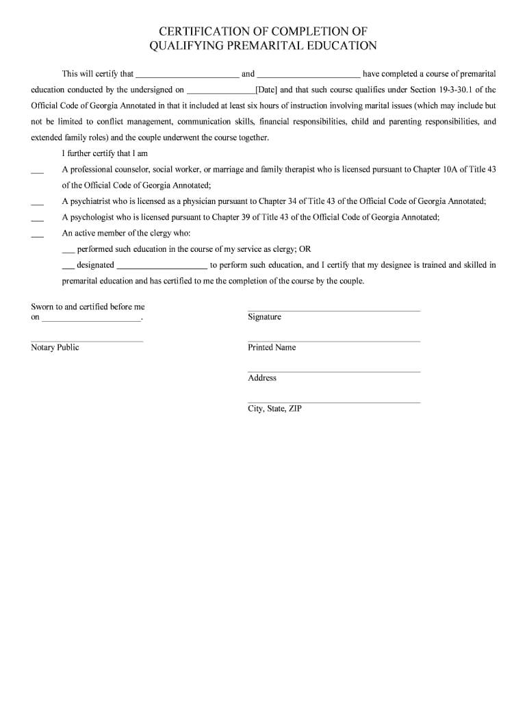 Sample Letter Of Completion Of Marriage Counseling – Fill Regarding Premarital Counseling Certificate Of Completion Template