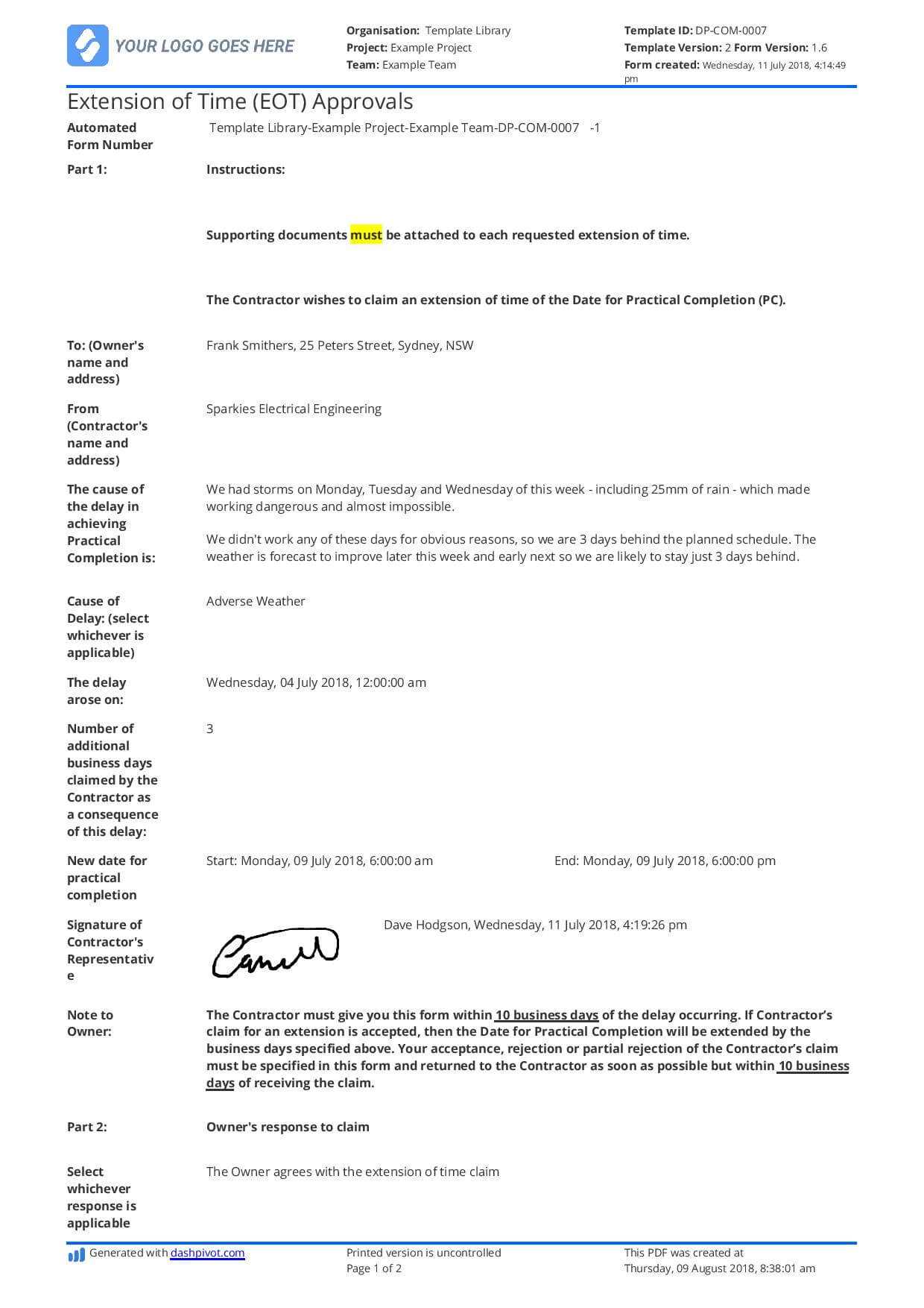 Sample Letter Of Extension Of Time For Construction (Eot Letter) In Practical Completion Certificate Template Uk