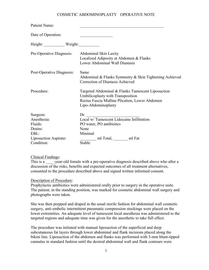 Sample Operative Note For Operative Report Template