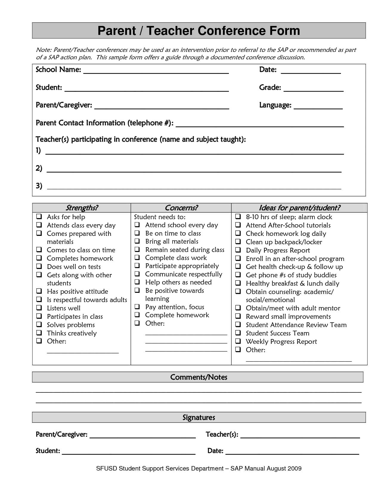 Sample Parent Teacher Conference Form Parent Teacher Throughout Conference Report Template