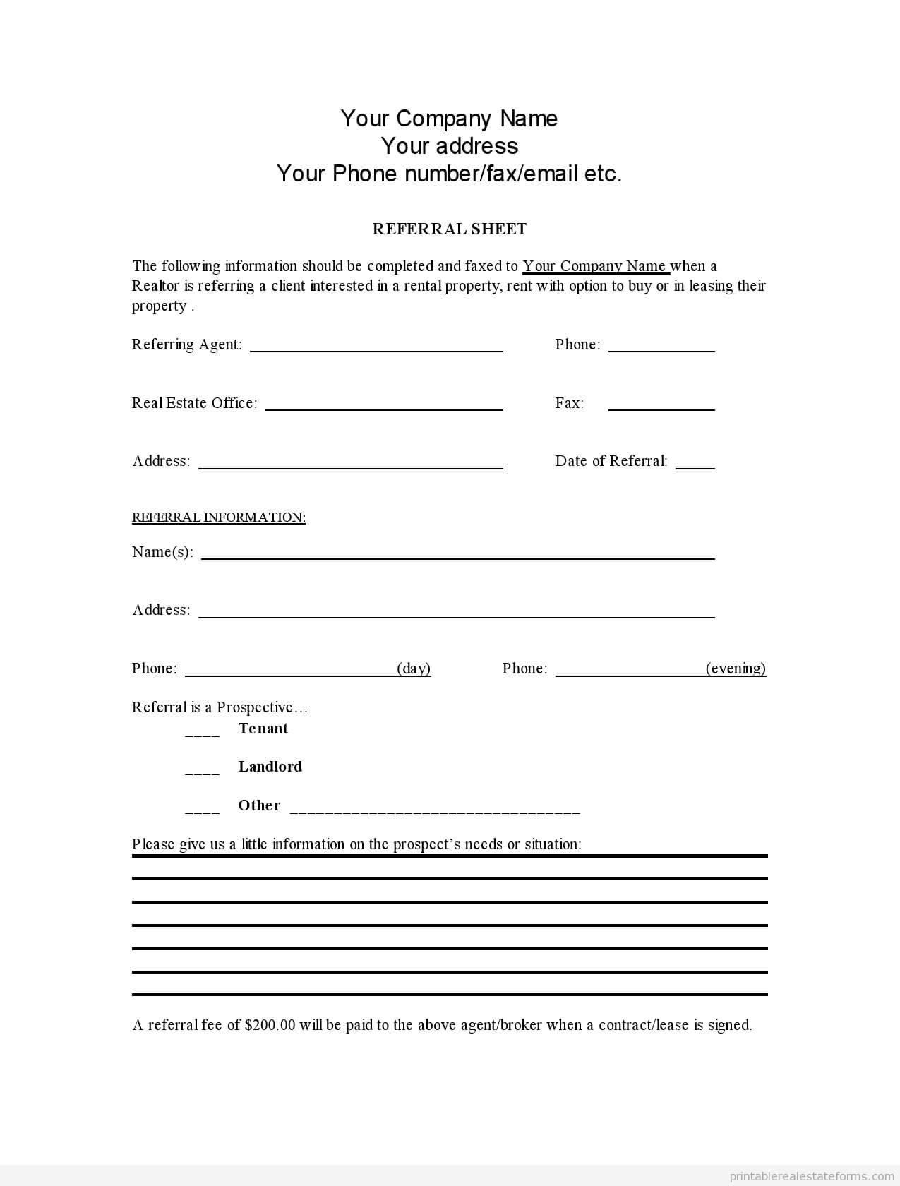 Sample Printable Referral Sheet For Realtors Form | Latest Within Referral Certificate Template