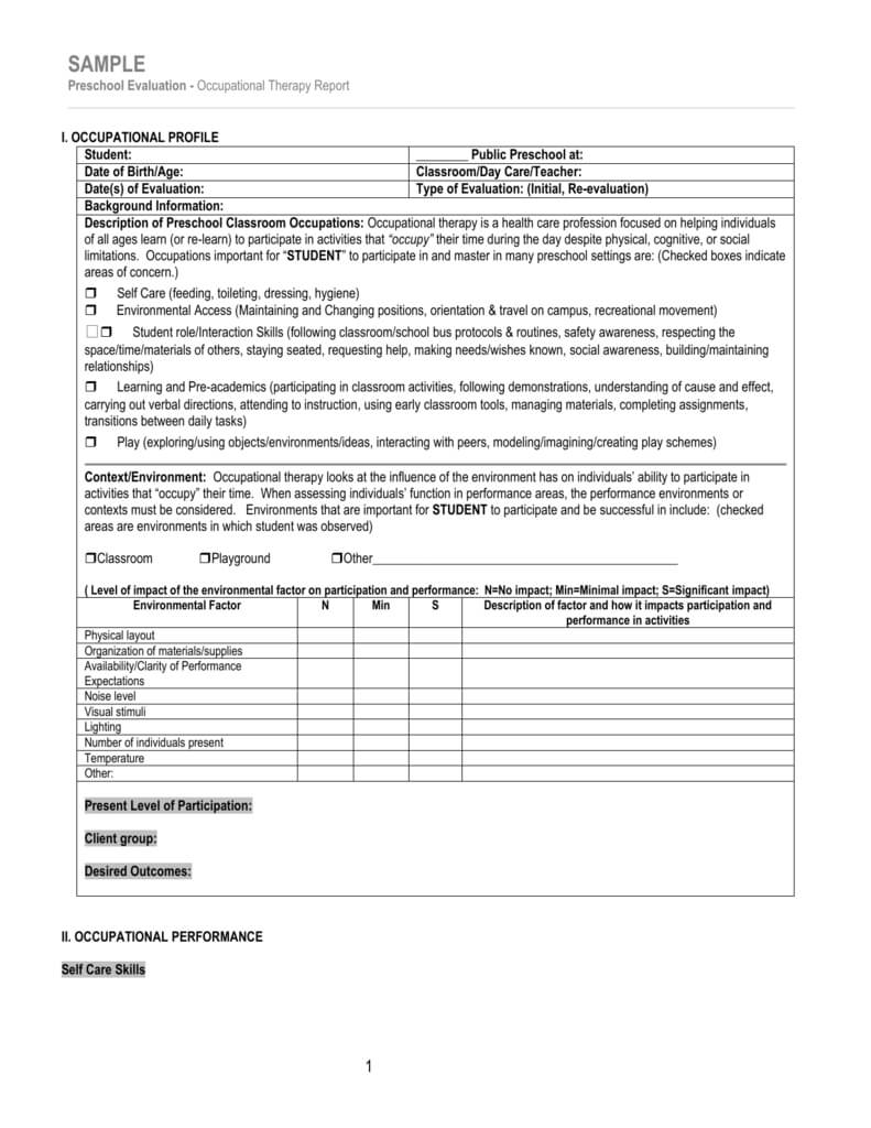 Sample/template For Occupational Therapy Preschool Evaluation In Template For Evaluation Report