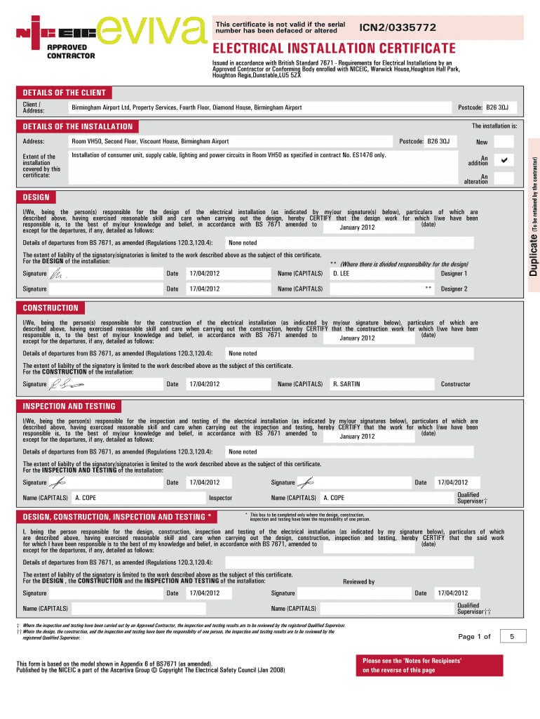 Samples Of Electrical Certificate – Fill Online, Printable Inside Electrical Isolation Certificate Template