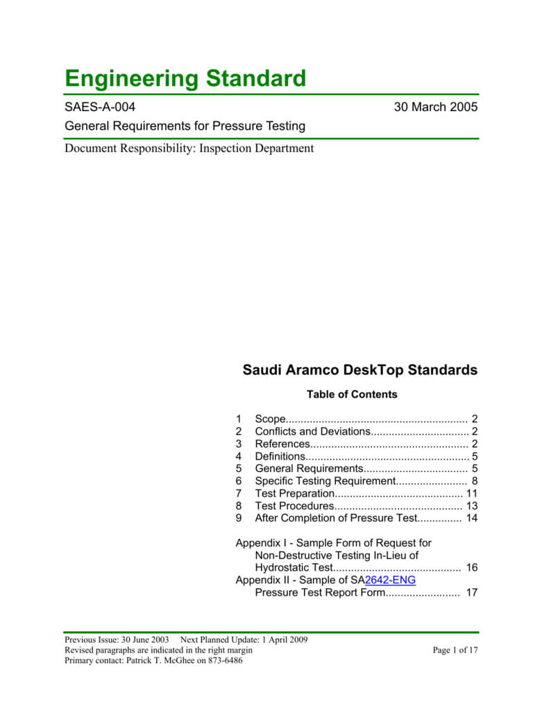 Saudi Aramco Engineering Standard For Hydrostatic Pressure Test Report Template