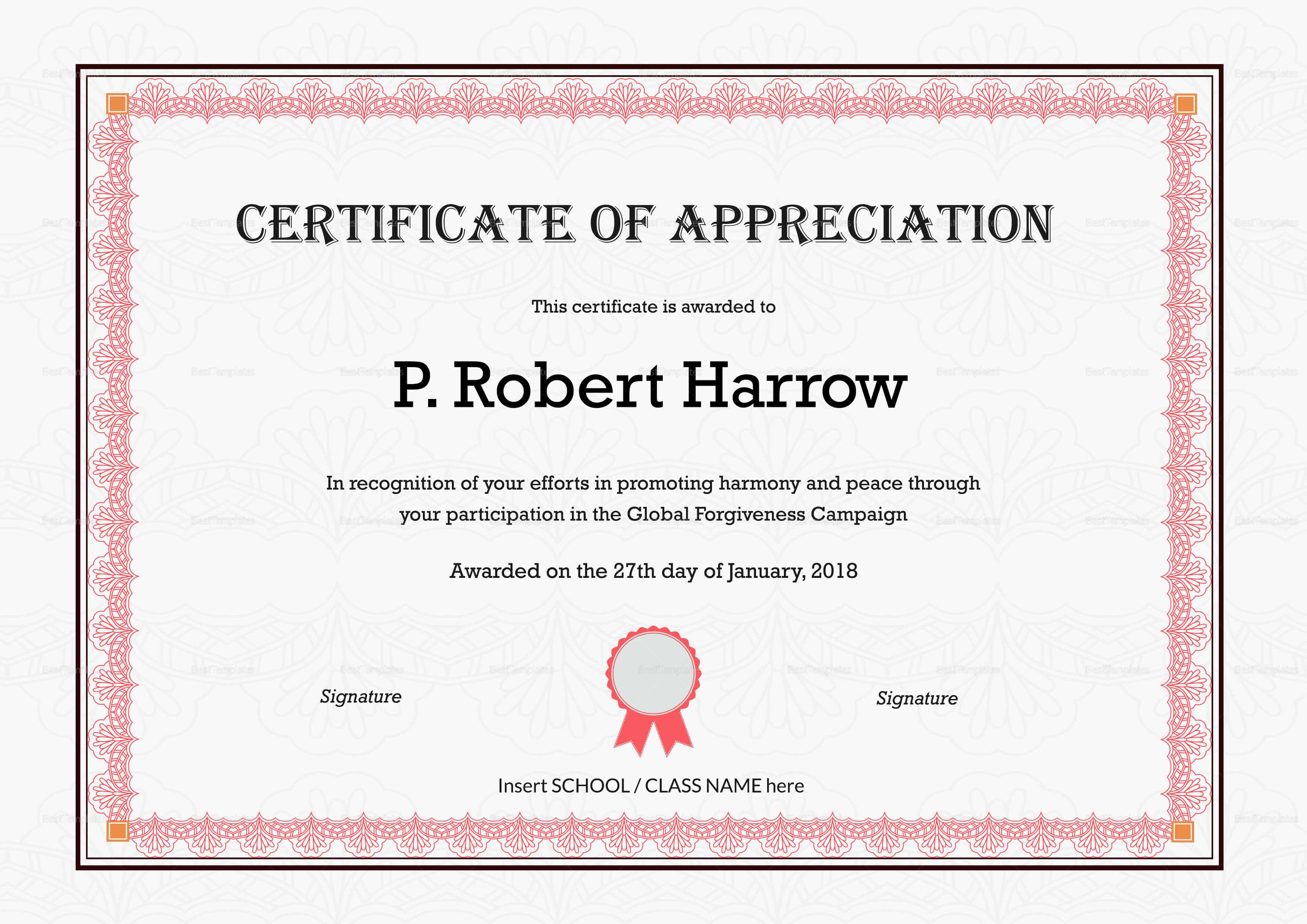 School Appreciation Certificate Template Regarding In Appreciation Certificate Templates