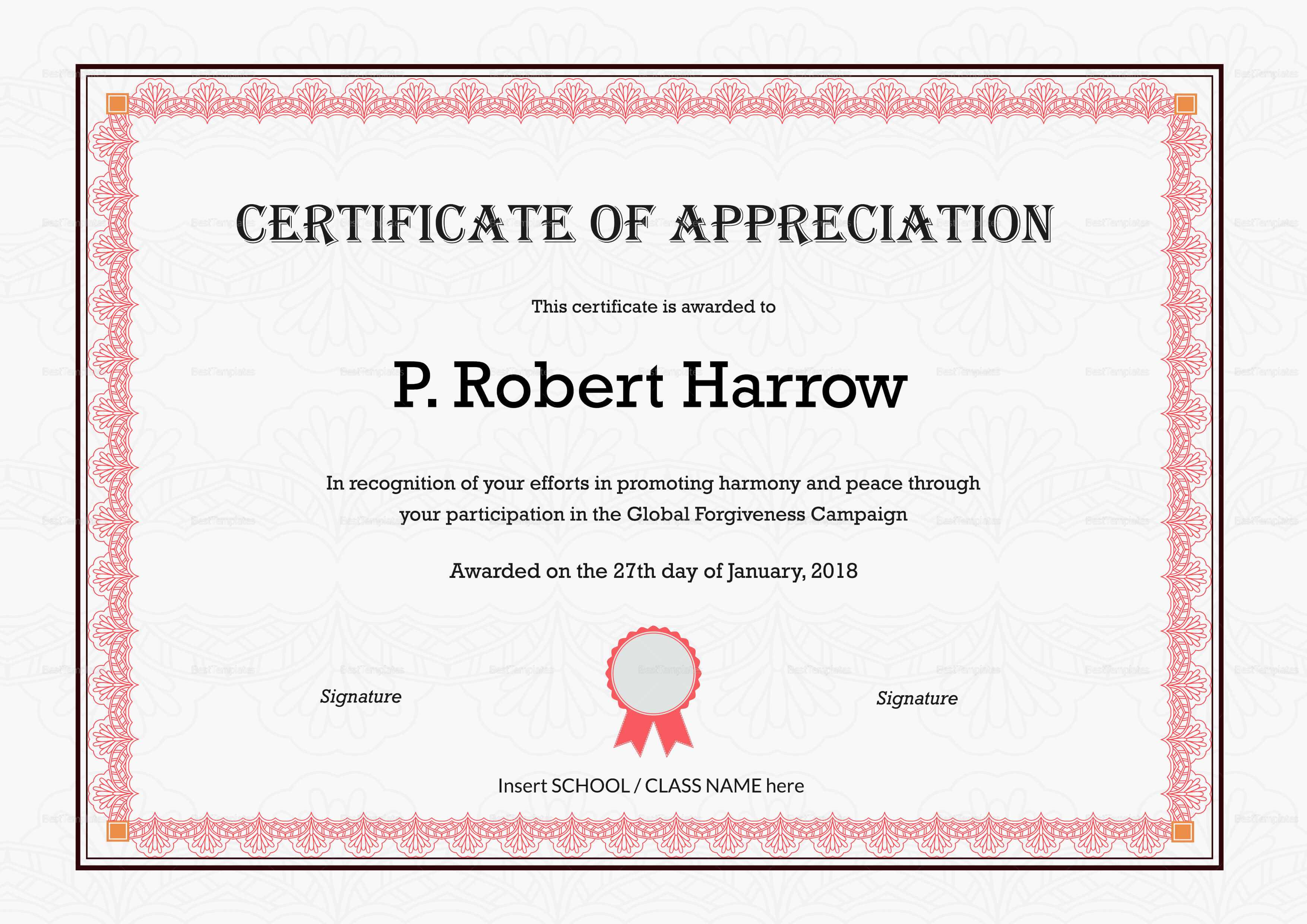 School Appreciation Certificate Template Regarding In Appreciation Certificate Templates