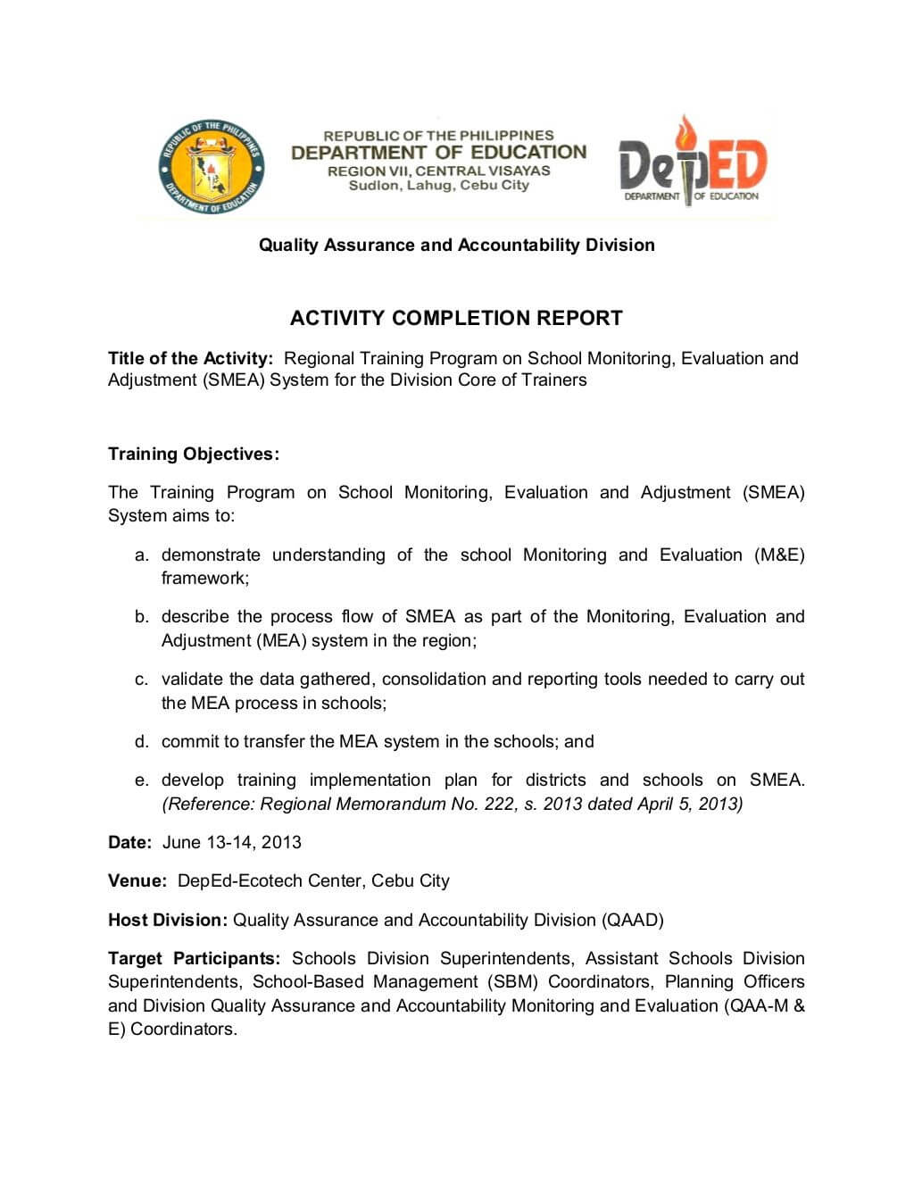 School Monitoring, Evaluation And Adjustment  Activity With Regard To Monitoring And Evaluation Report Template