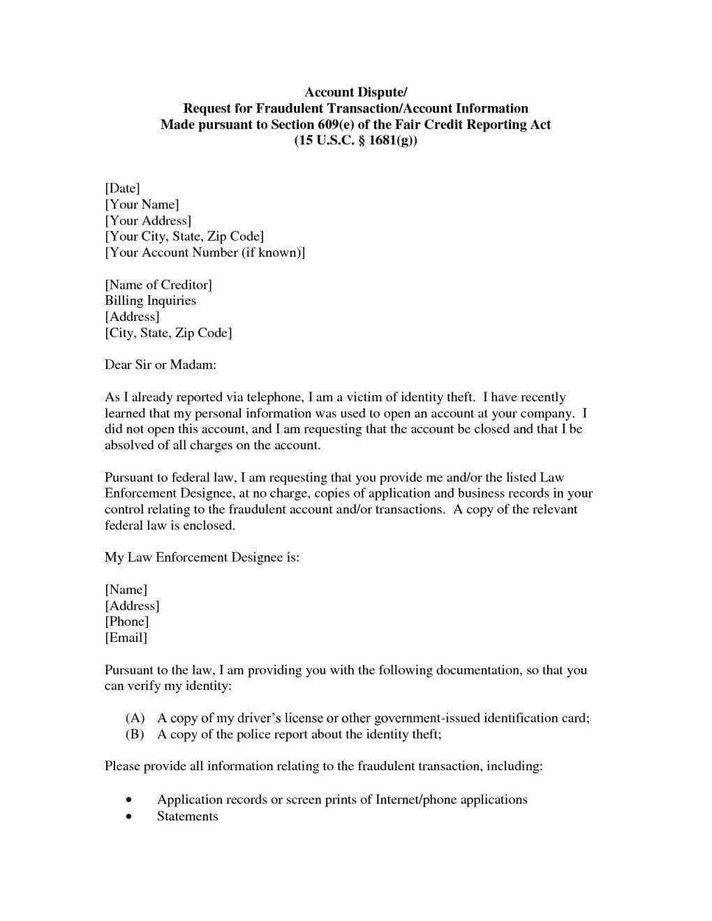 Section 609 Credit Dispute Letter Template Samples | Letter Intended For Credit Report Dispute Letter Template