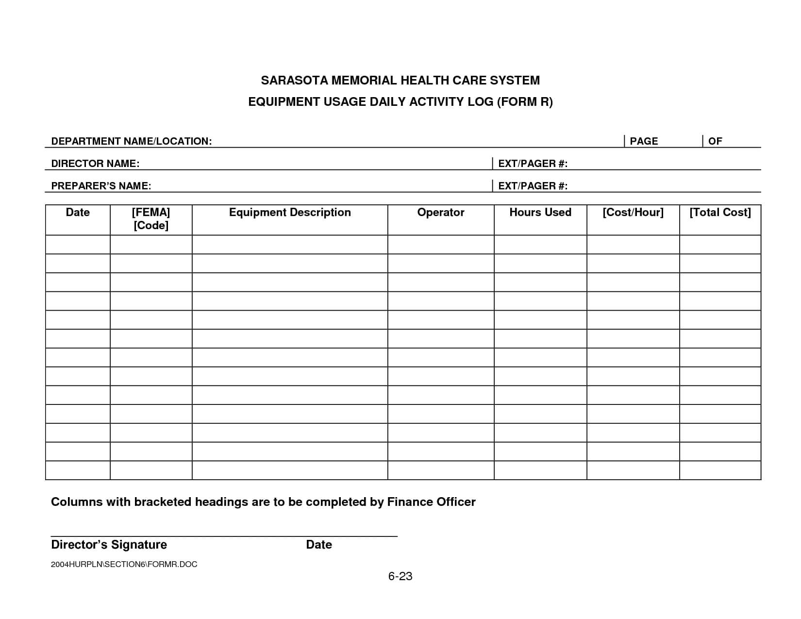 Security Daily Activity Log Template | Smhcs Equipment Usage Pertaining To Daily Activity Report Template