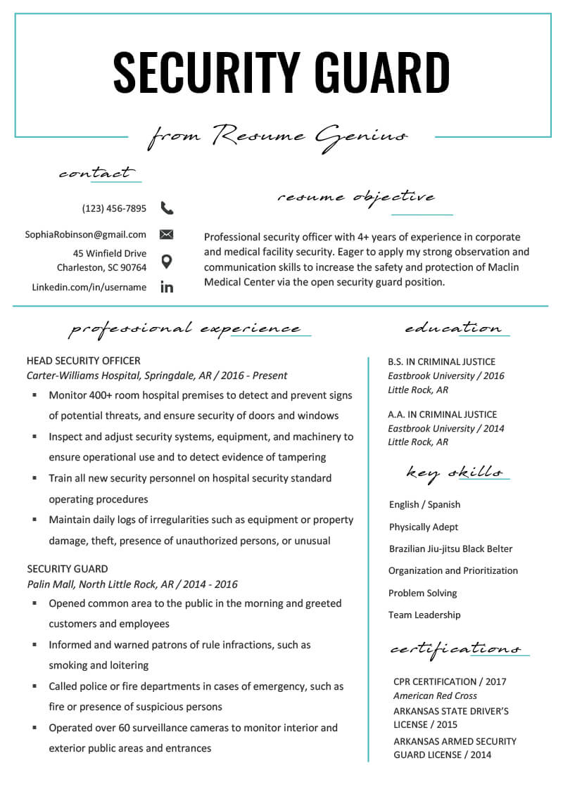 Security Guard Resume Sample & Writing Tips | Resume Genius Regarding History And Physical Template Word