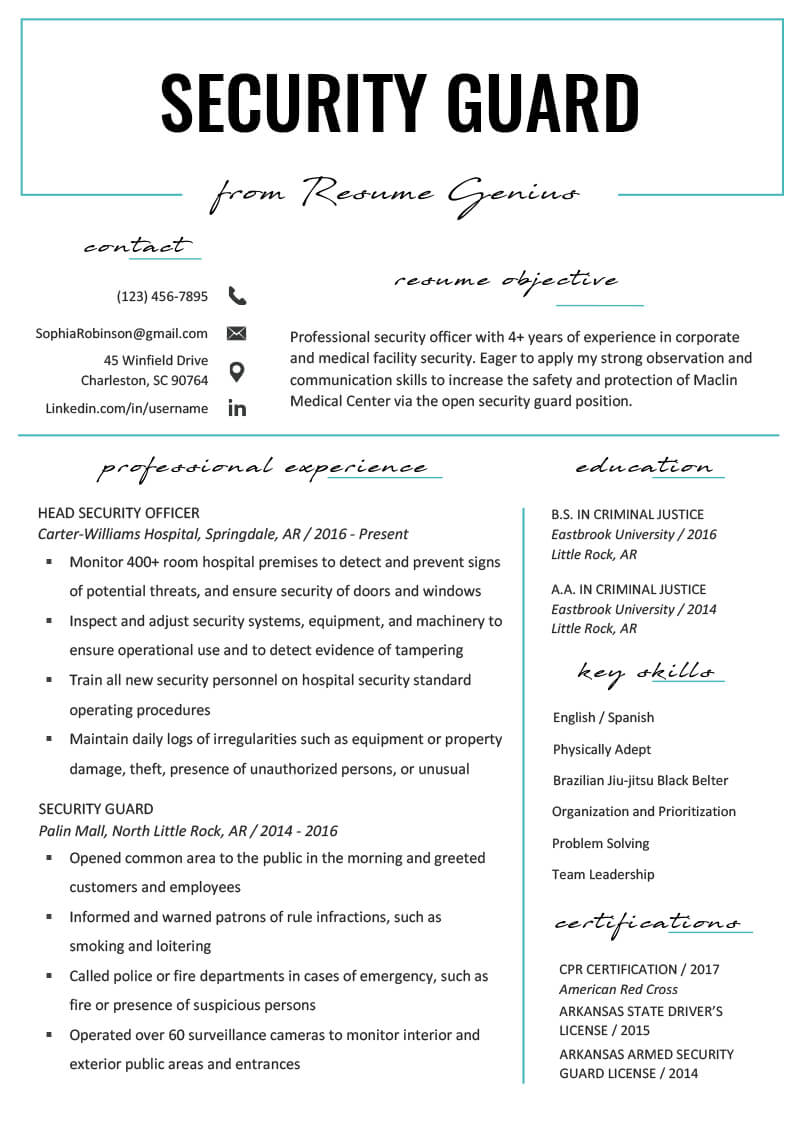 Security Guard Resume Sample & Writing Tips | Resume Genius Throughout Running Certificates Templates Free