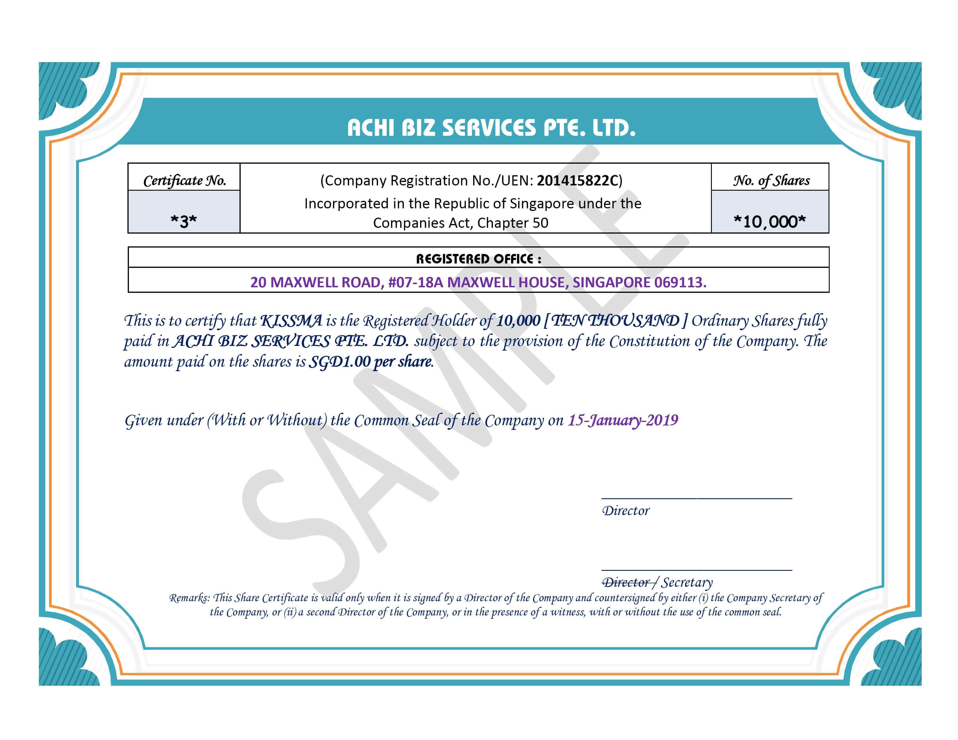 Share Certificate In Singapore ~ Achibiz For Share Certificate Template Companies House