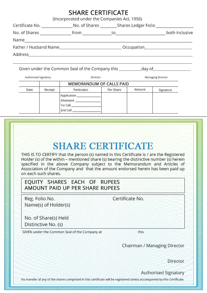 Share Certificate – Indiafilings With Regard To Shareholding Certificate Template