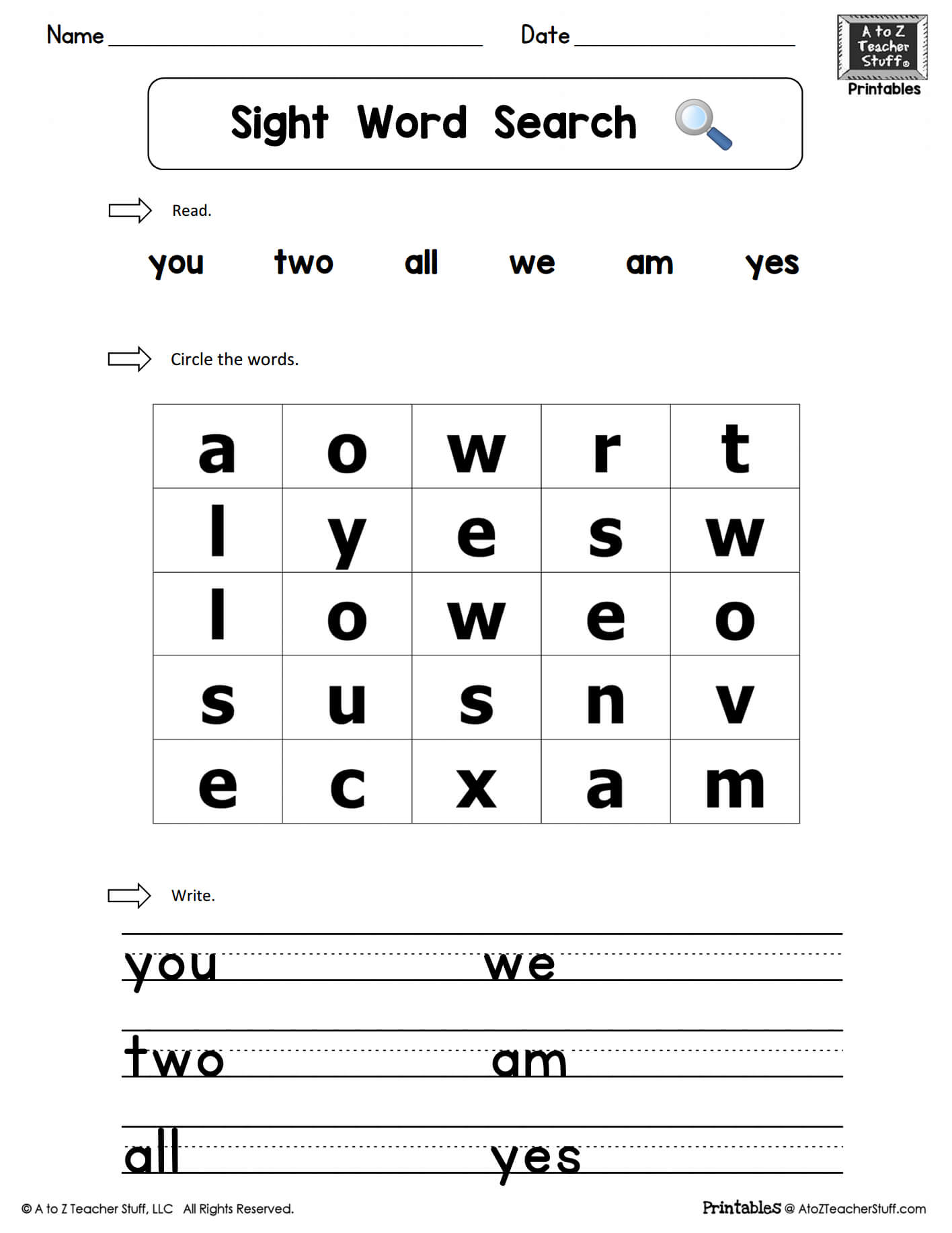 Sight Words Practice Word Search: You, Two, We, All, Am, Yes Pertaining To Word Sleuth Template