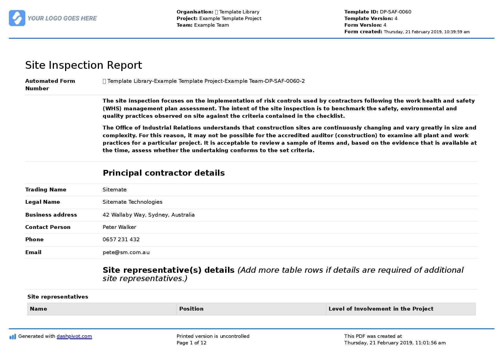 Site Inspection Report: Free Template, Sample And A Proven Pertaining To Engineering Inspection Report Template