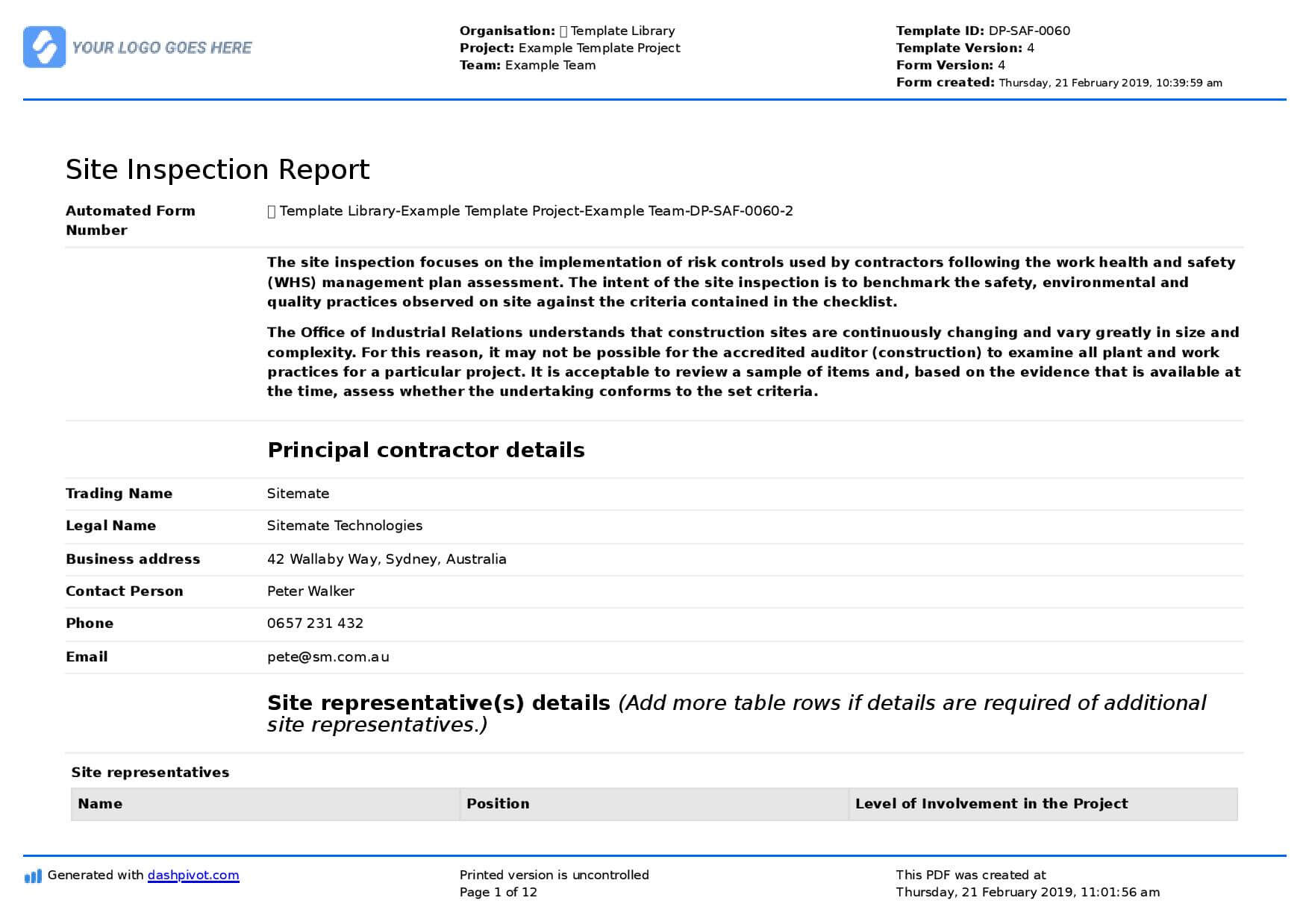 Site Inspection Report: Free Template, Sample And A Proven Regarding Part Inspection Report Template