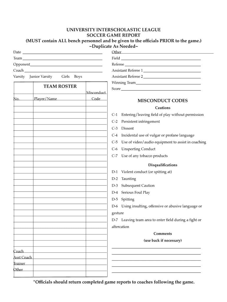 Soccer Game Report Template – Fill Online, Printable With Soccer Referee Game Card Template
