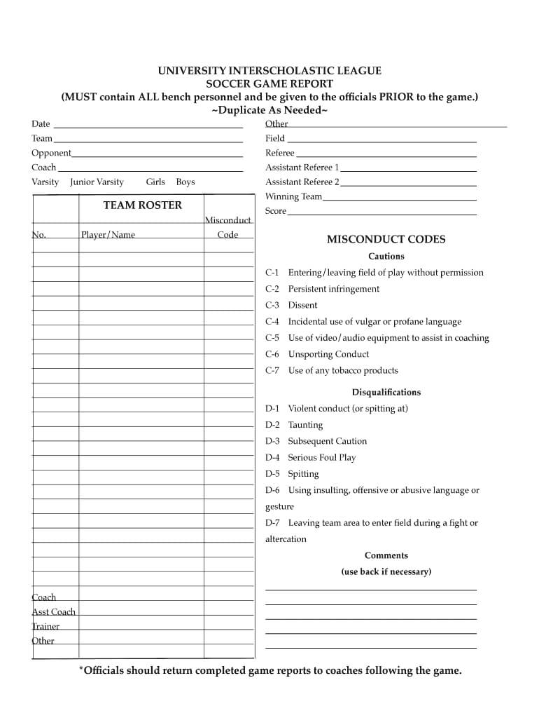 Soccer Game Report Template – Fill Online, Printable With Soccer Referee Game Card Template