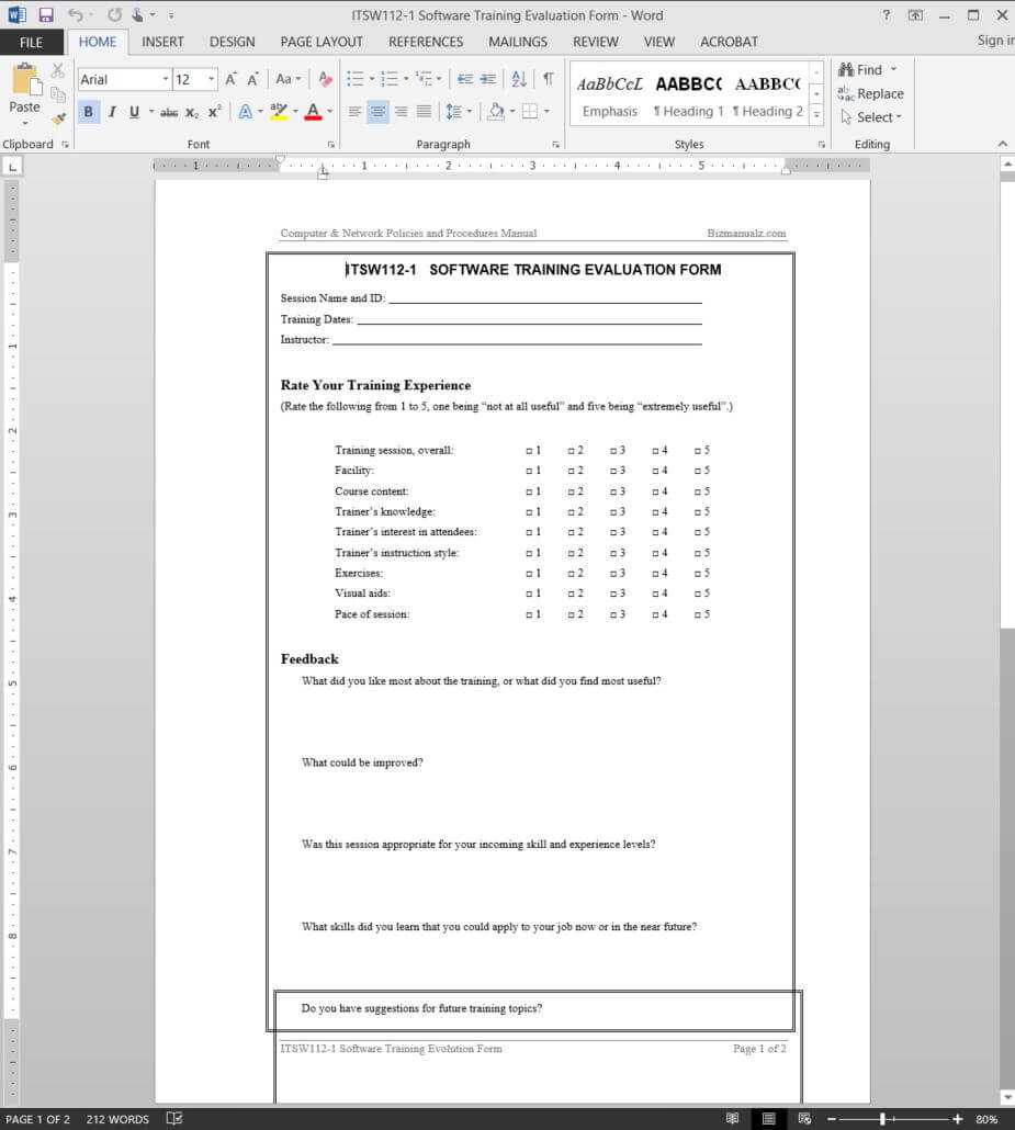 Software Training Evaluation Template | Itsw112 1 Regarding Training Feedback Report Template