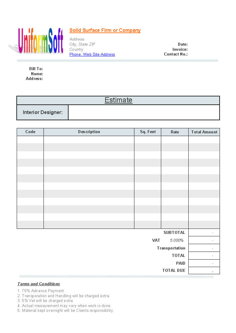 Solid Surface Firm Estimate Form – Invoice Manager For Excel Regarding Blank Estimate Form Template