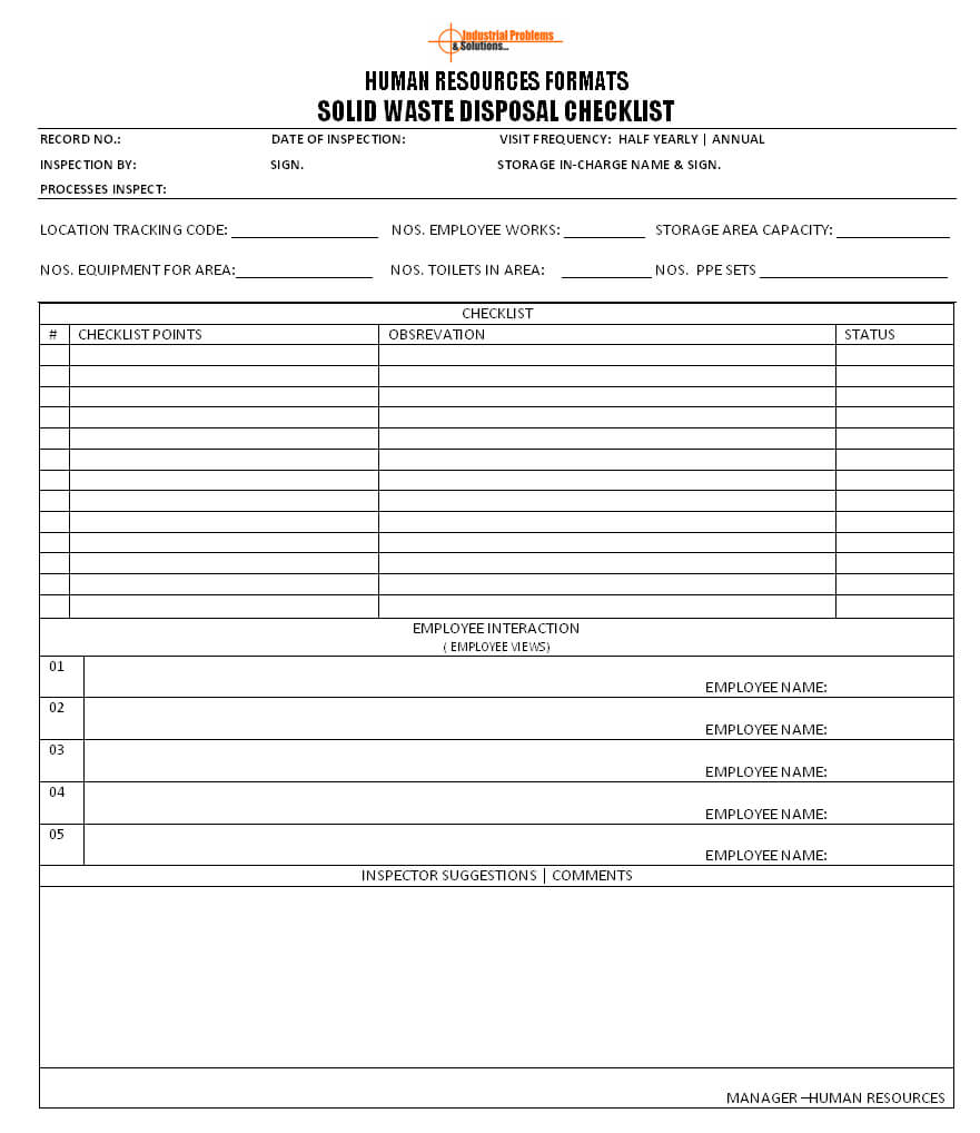 Solid Waste Disposal Checklist Format For Waste Management Report Template