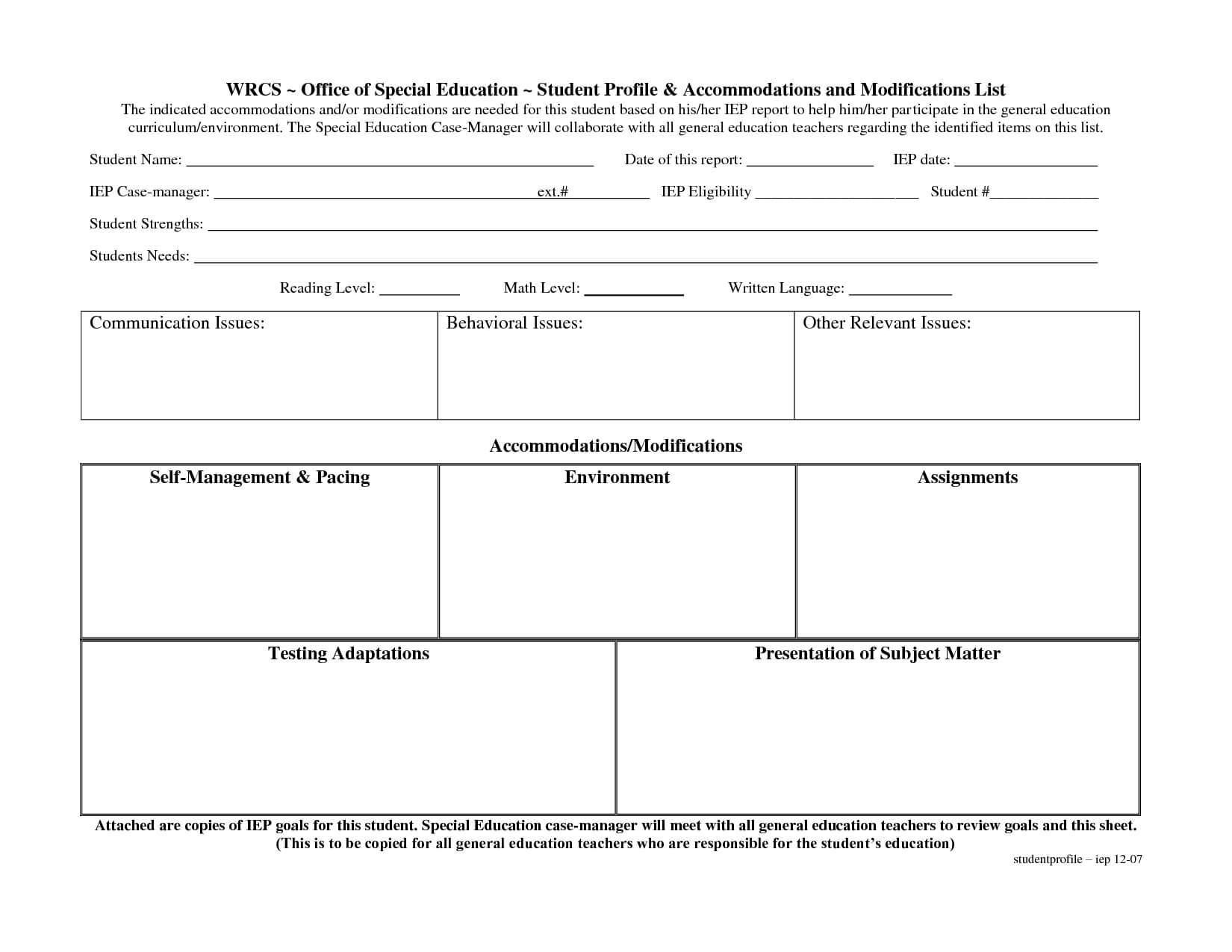 Special Education Accommodations Checklist | Special Pertaining To Blank Iep Template