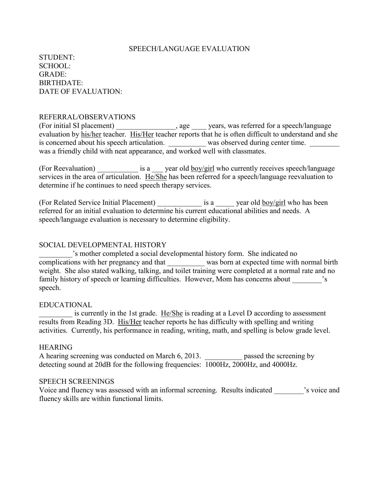 Speech Evaluation Report Template 21 In Speech And Language Report Template