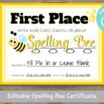 Spelling Bee Award Certificate, For School, For Classroom, For District Regarding Spelling Bee Award Certificate Template