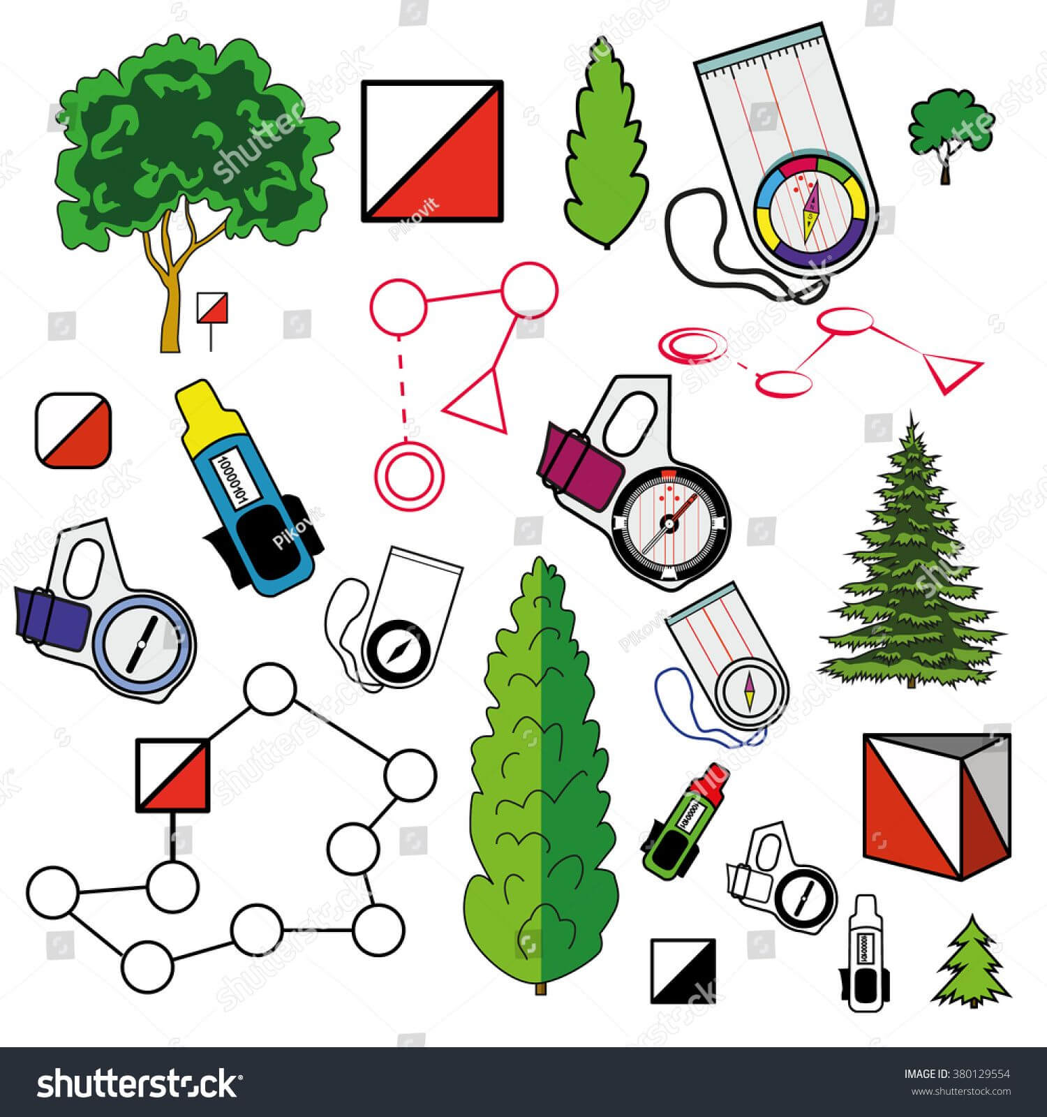 Sports Orienteering Icons Set Of Elements: Control Points Within Orienteering Control Card Template