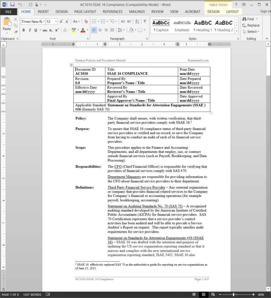 Ssae 16 Compliance Procedure | Ac1010 In Ssae 16 Report Template