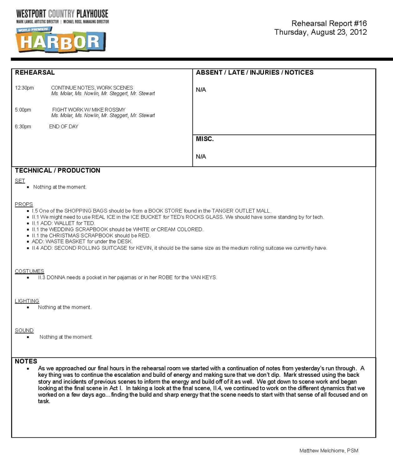 Stage Manager Rehearsal Report – Google Search | Stage In Rehearsal Report Template