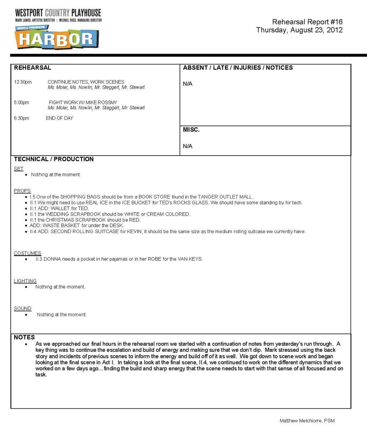 Stage Manager Rehearsal Report – Google Search | Stage In Rehearsal Report Template