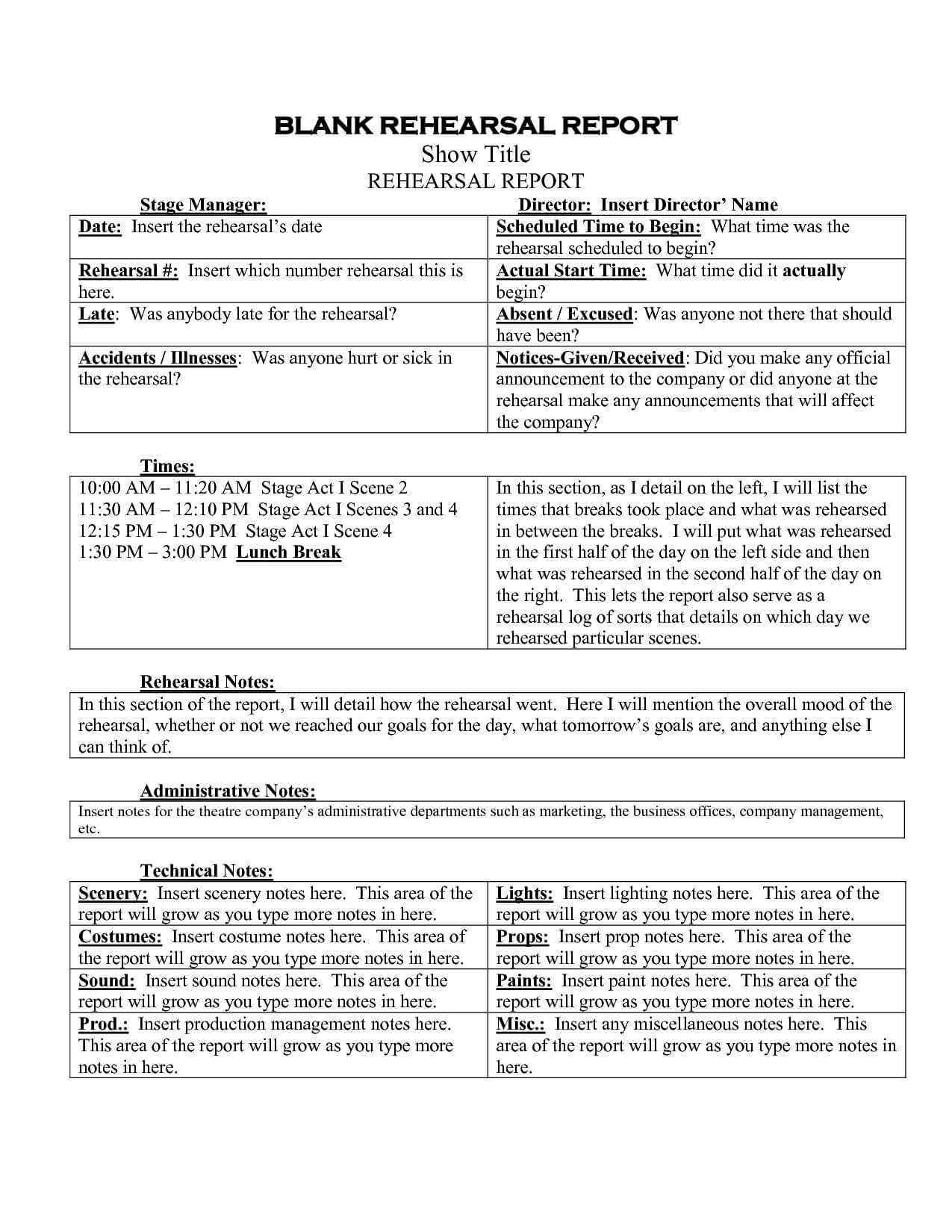 Stage Manager Rehearsal Report - Google Search | Stage In Rehearsal Report Template