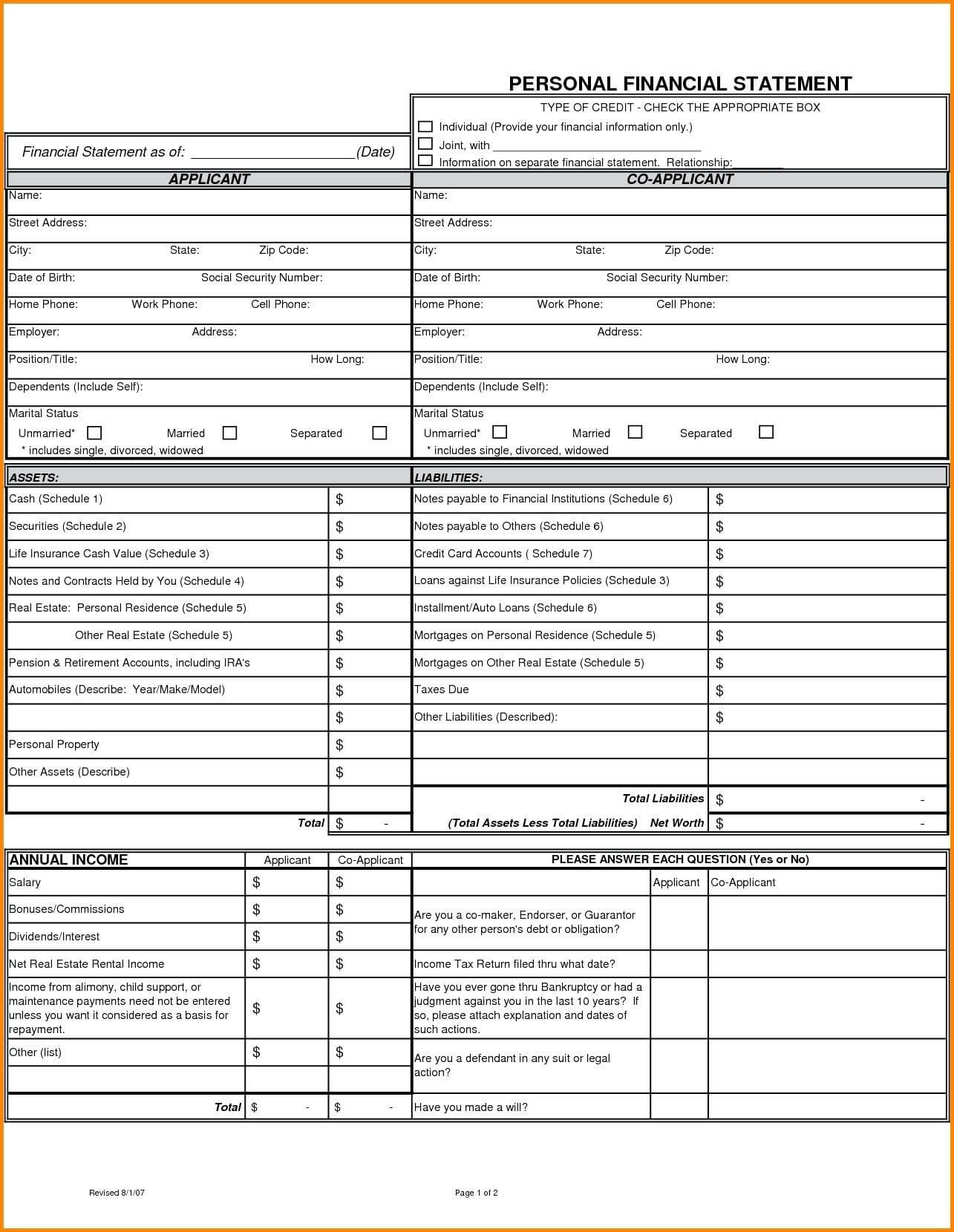 Statement Personal Financial Template Form Simple Free Sba L Inside Blank Personal Financial Statement Template