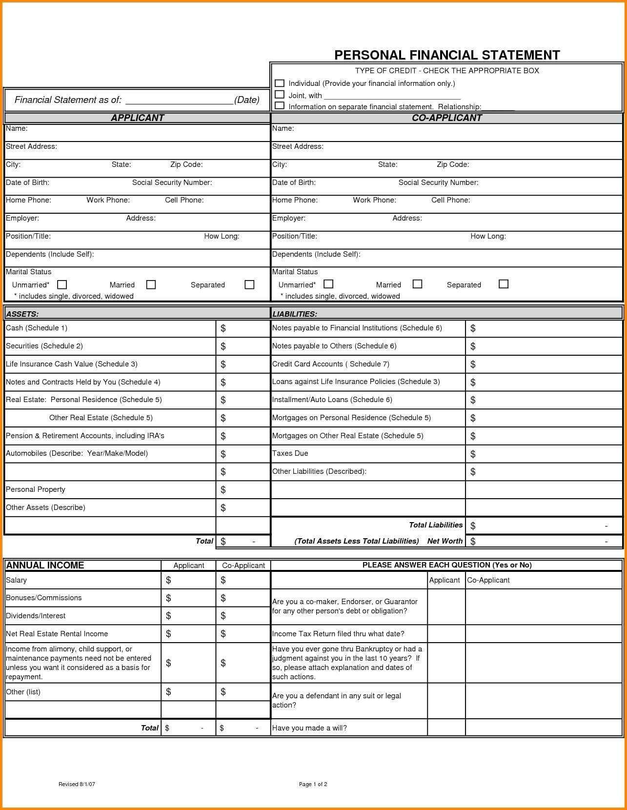 Statement Personal Financial Template Form Simple Free Sba L Inside Blank Personal Financial Statement Template