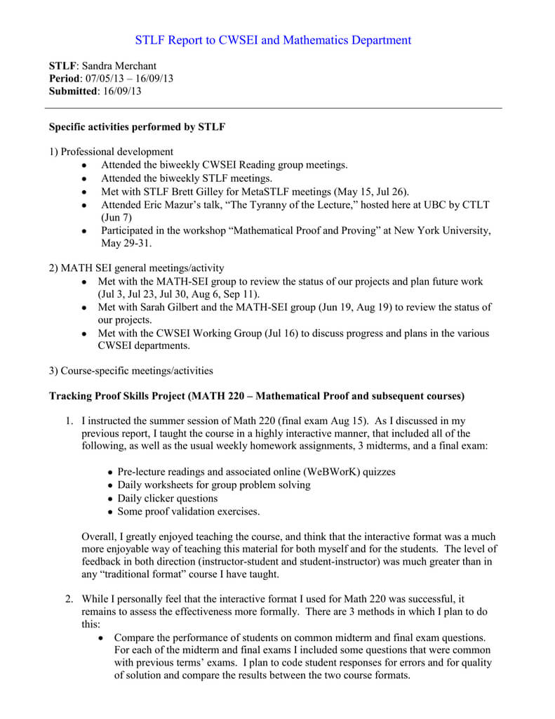 Stlf Report To Cwsei And Mathematics Department In Summer School Progress Report Template