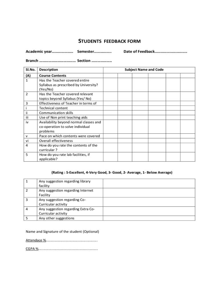 Students Feedback Form – 2 Free Templates In Pdf, Word Within Student Feedback Form Template Word