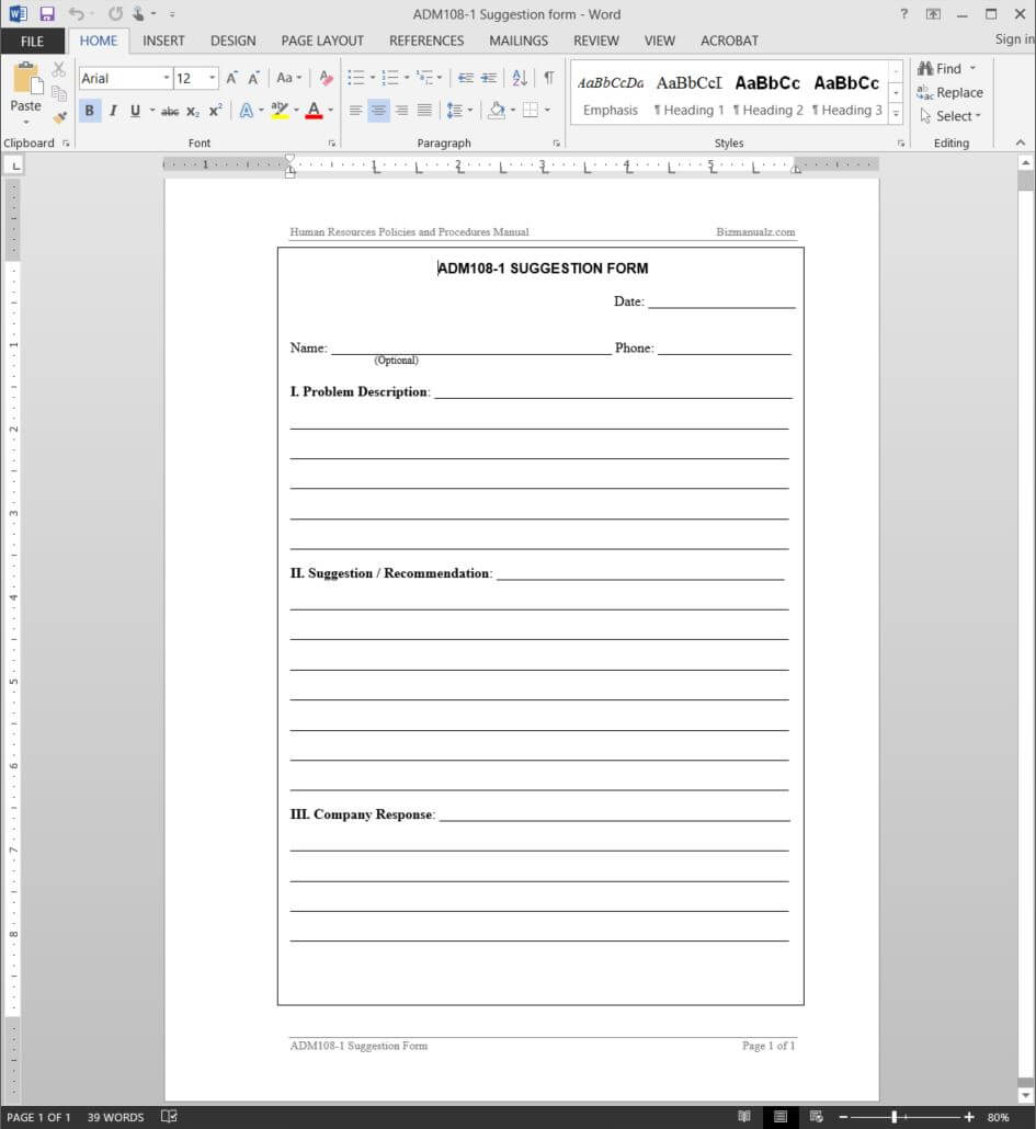 Suggestion Form Template | Adm108 1 Within Word Employee Suggestion Form Template