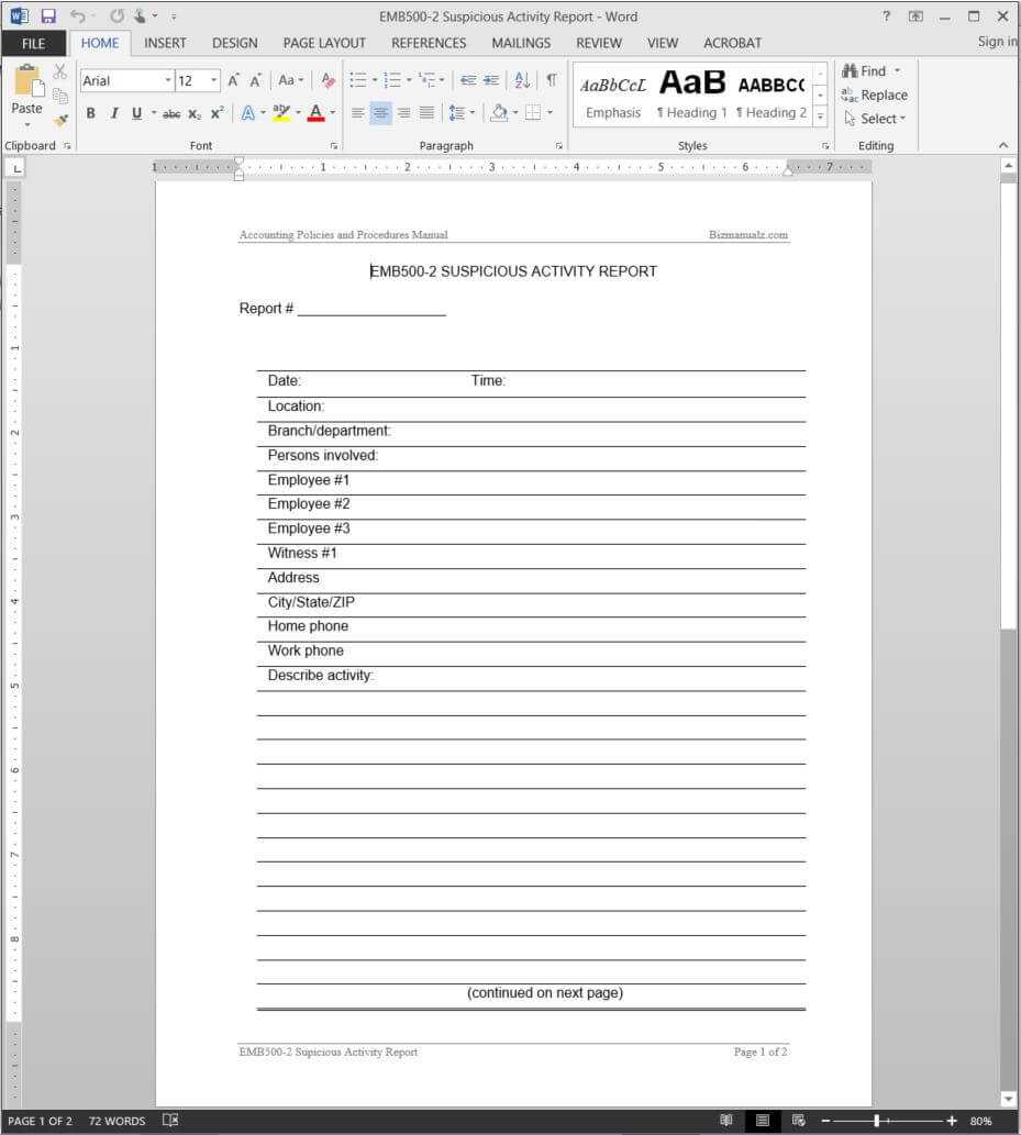 Suspicious Activity Report Template | Emb500 2 Intended For Activity Report Template Word