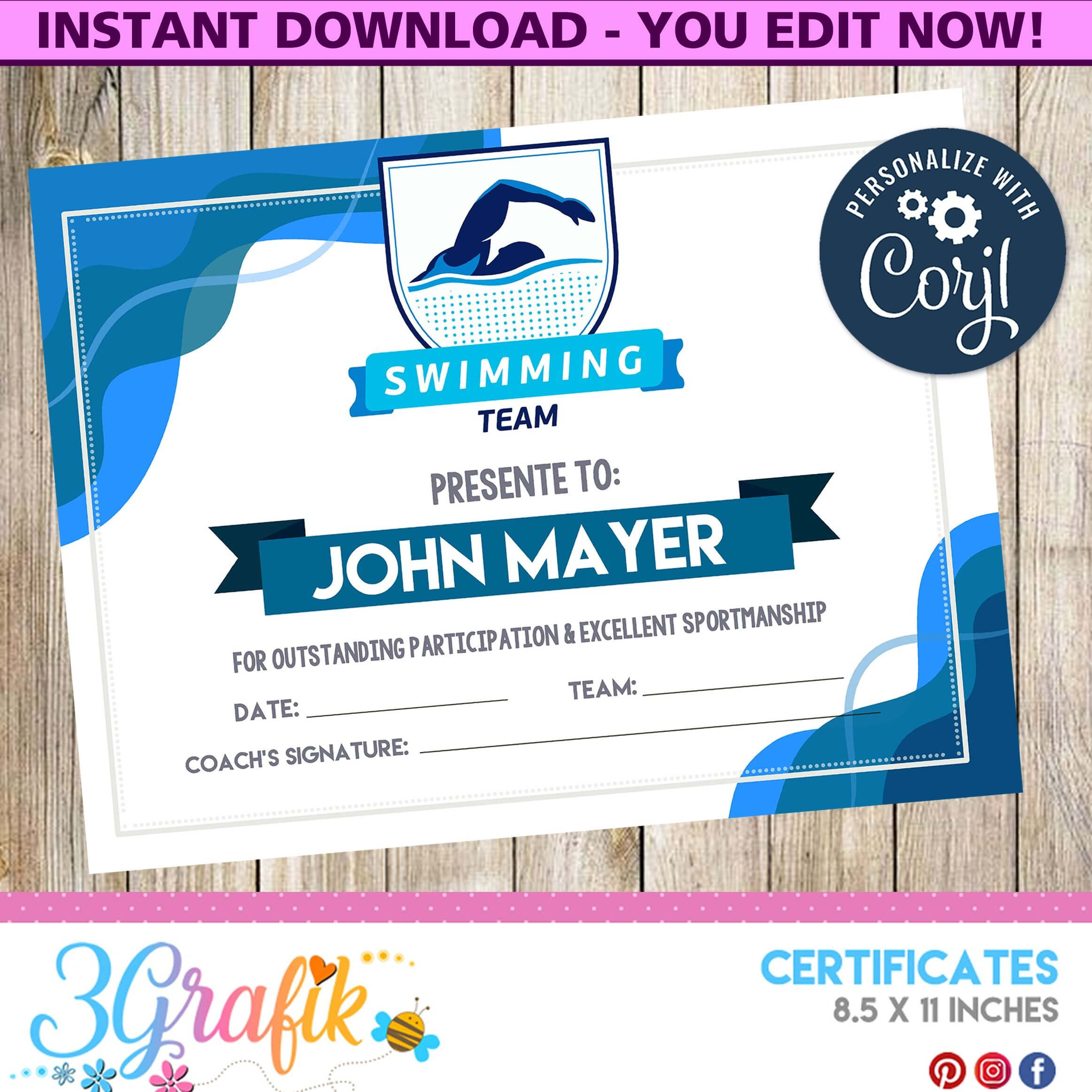 Swimming – Certificate – Printable – 3Grafik | Certificates For Swimming Award Certificate Template