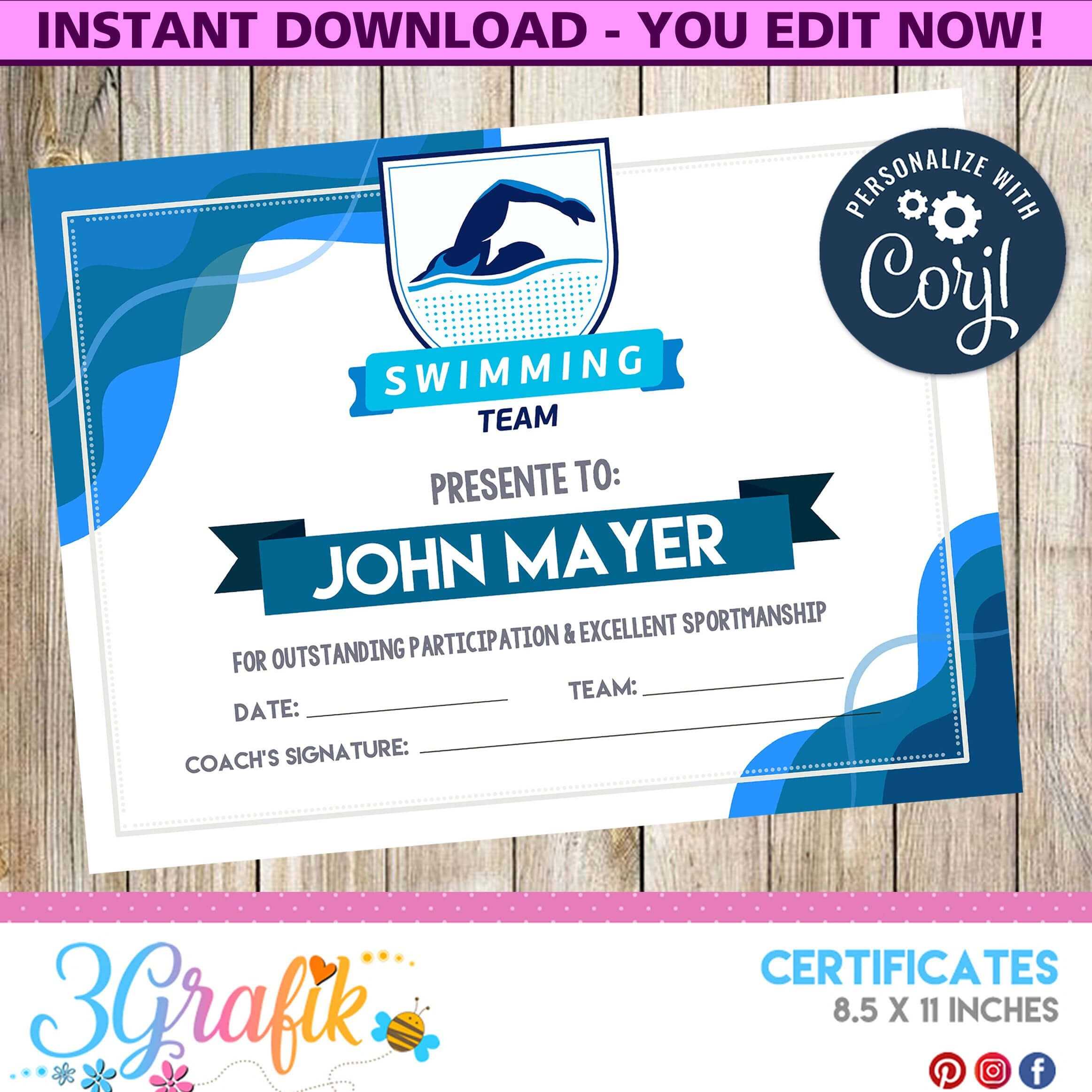 Swimming – Certificate – Printable – 3Grafik | Certificates Intended For Swimming Certificate Templates Free