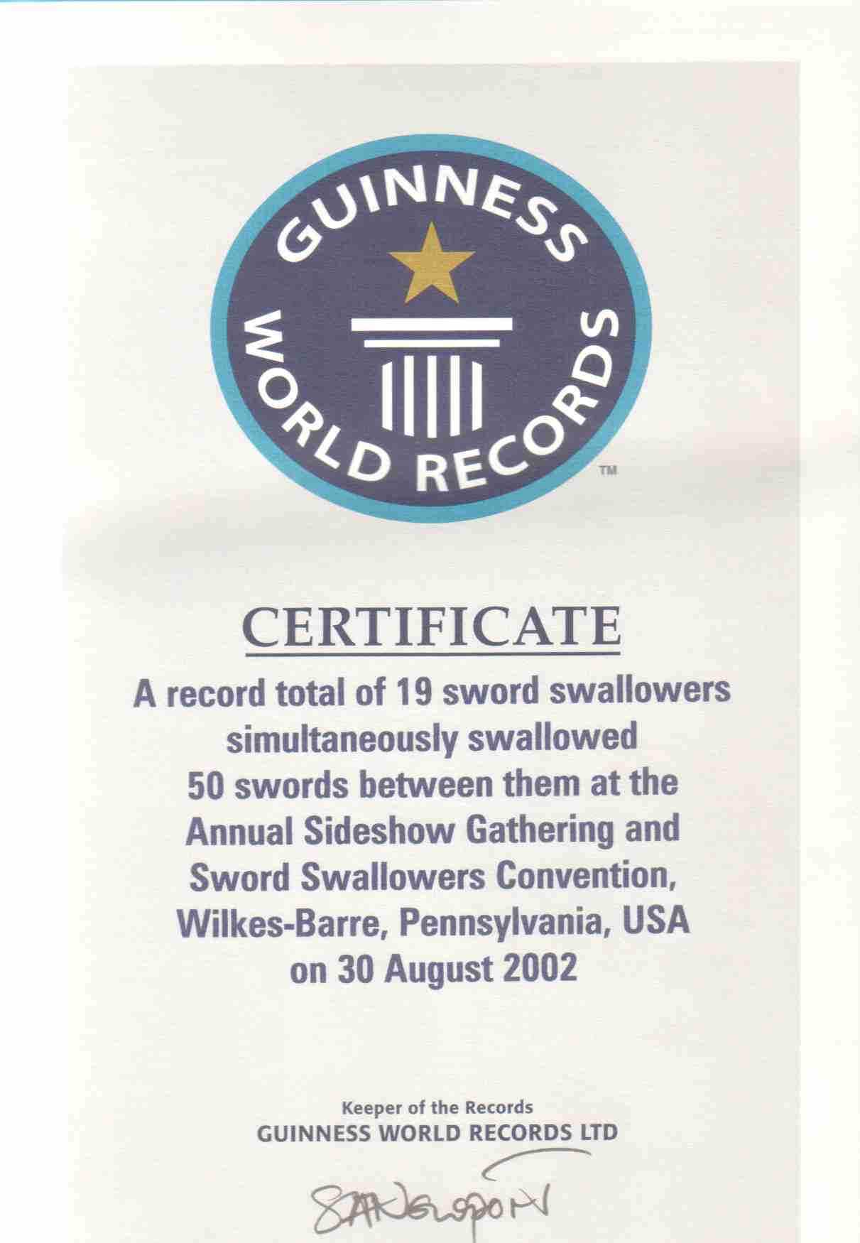 Sword Swallowers Association Intl Ssai Sword Swallowing Pertaining To Guinness World Record Certificate Template