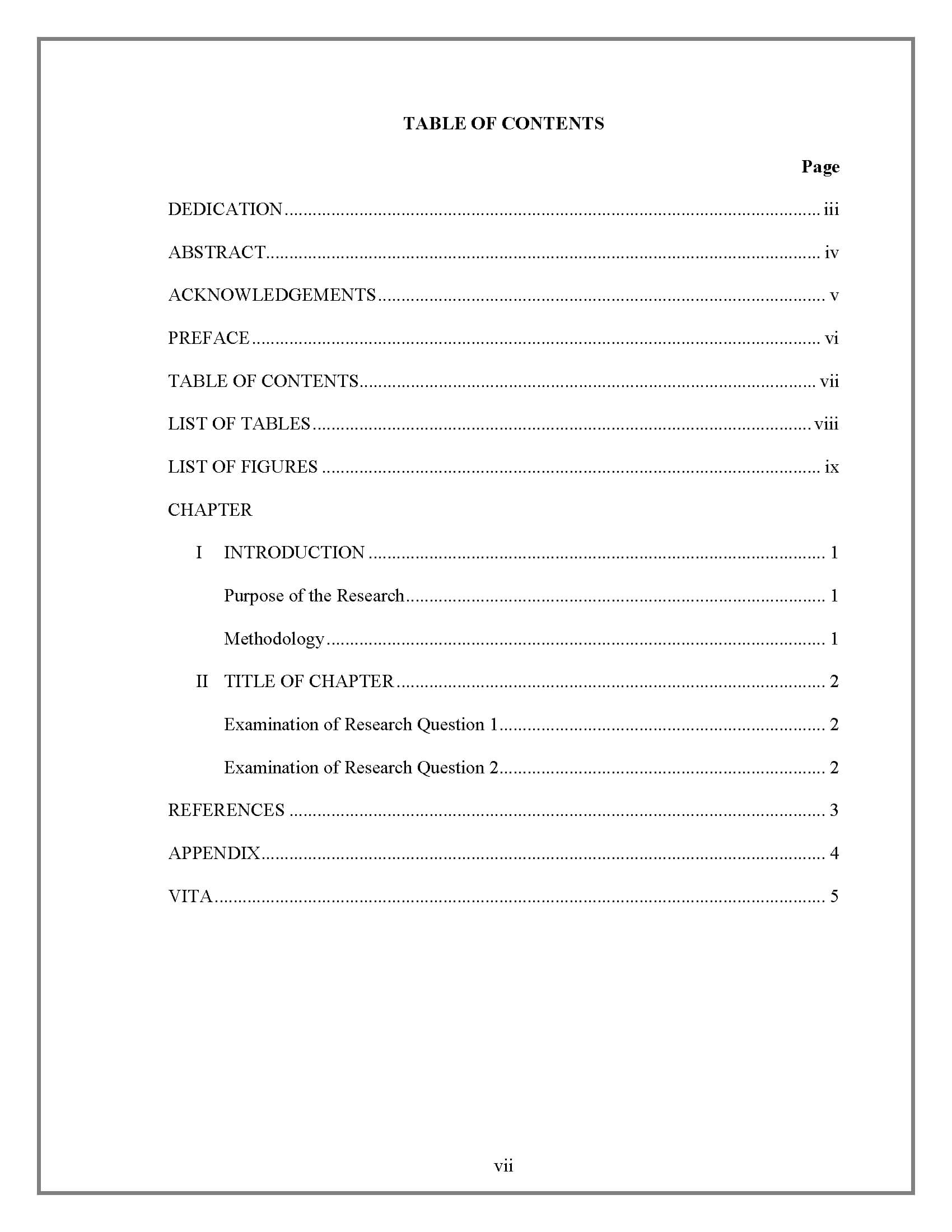 Table Of Contents – Thesis And Dissertation – Research Within Contents Page Word Template